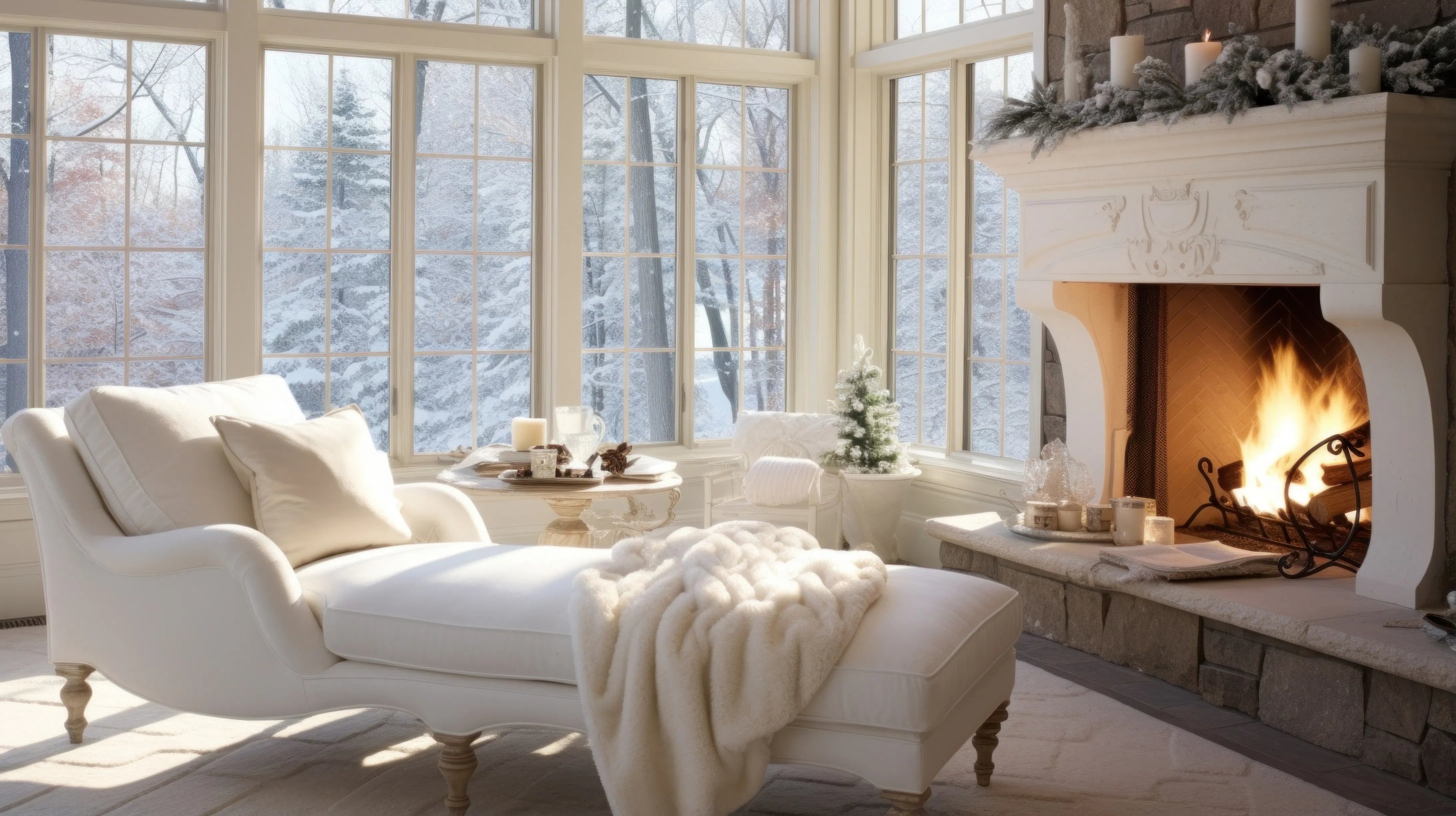 An inviting winter interior featuring a broad brick fireplace