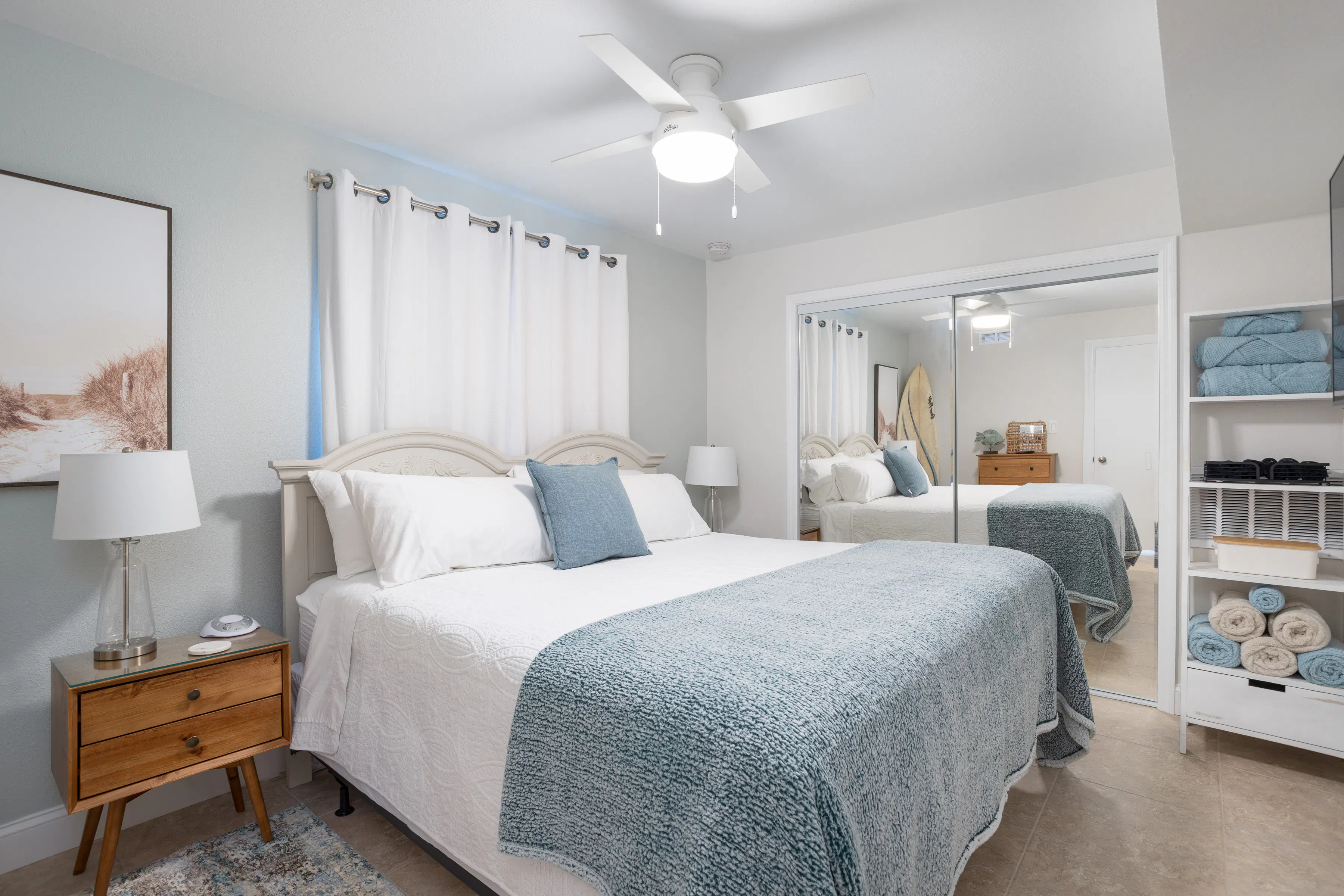 Blue bedroom decor in vacation rental