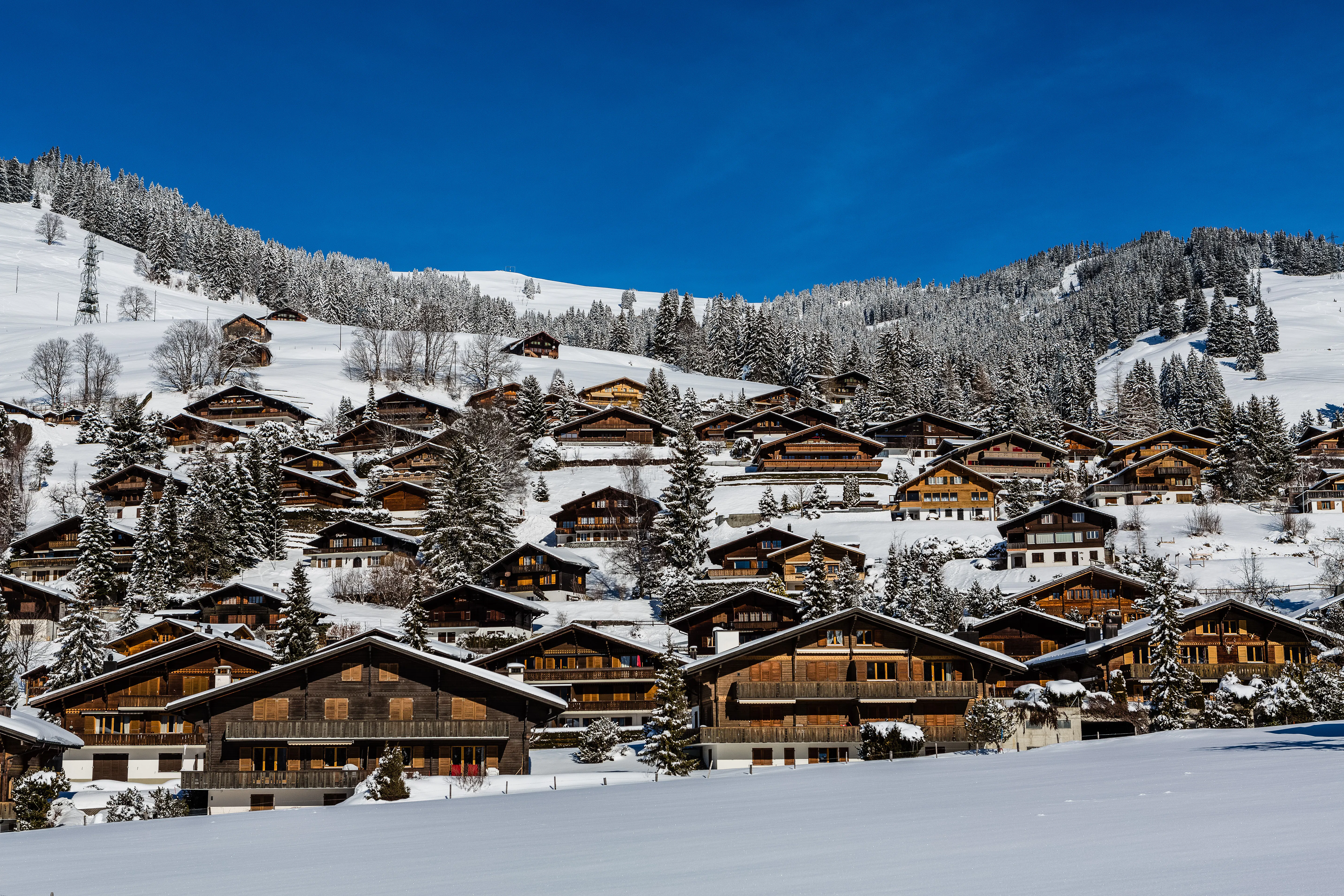 Wooden houses in snowy mountain