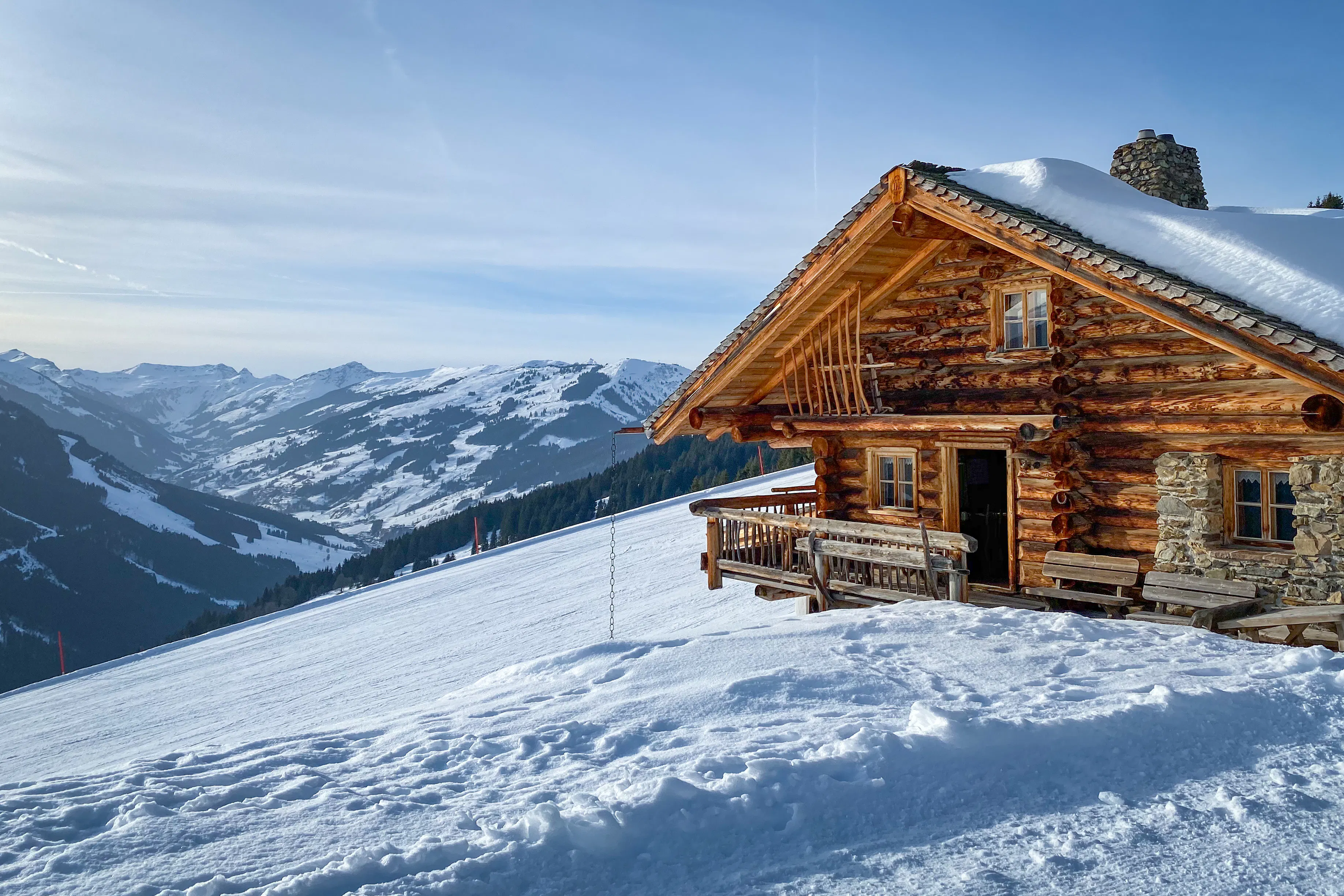 Austria, a snow-covered mountain hut in the Austrian Alps
