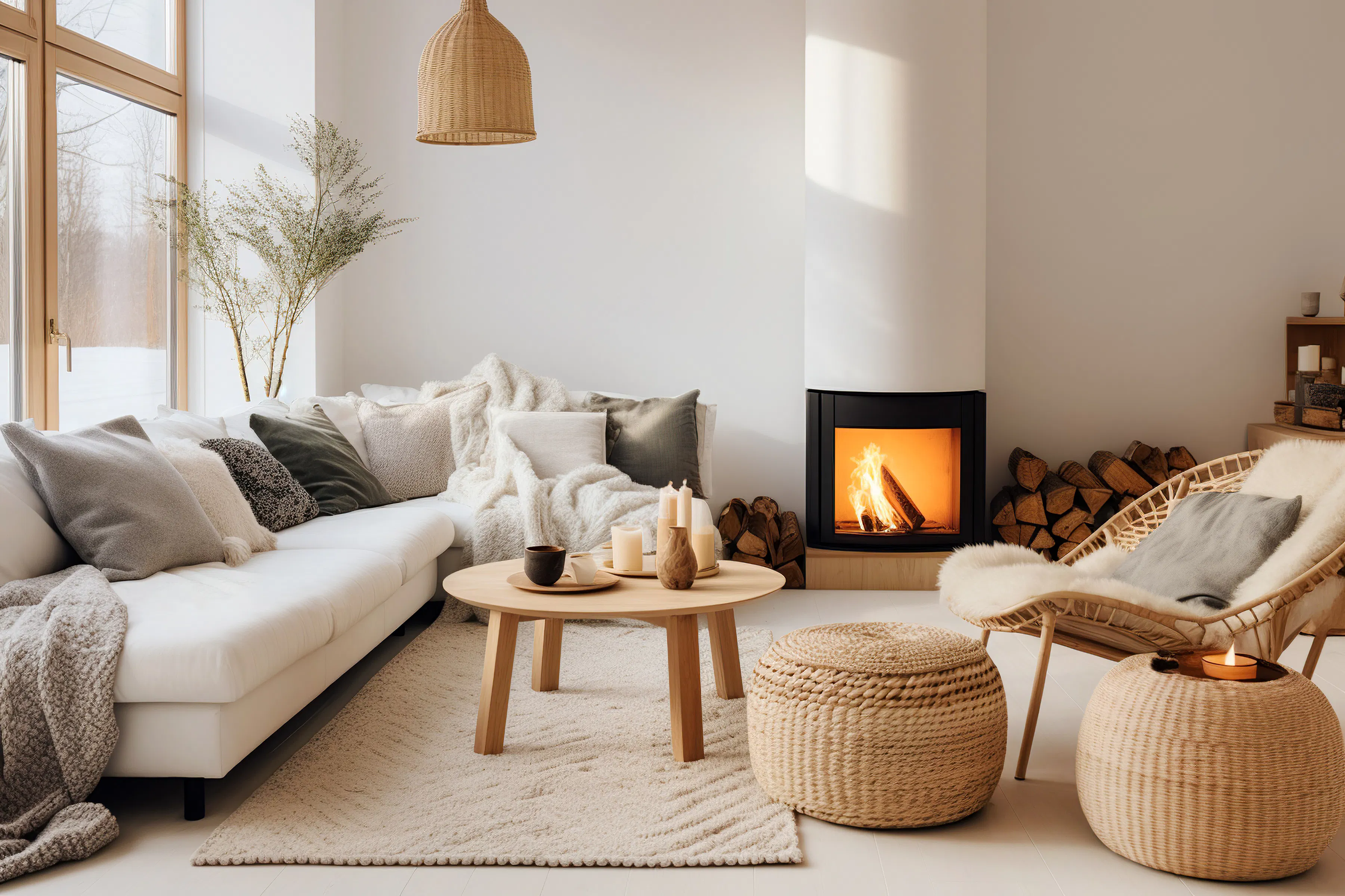 Rattan lounge chair, wicker, pouf and white sofa