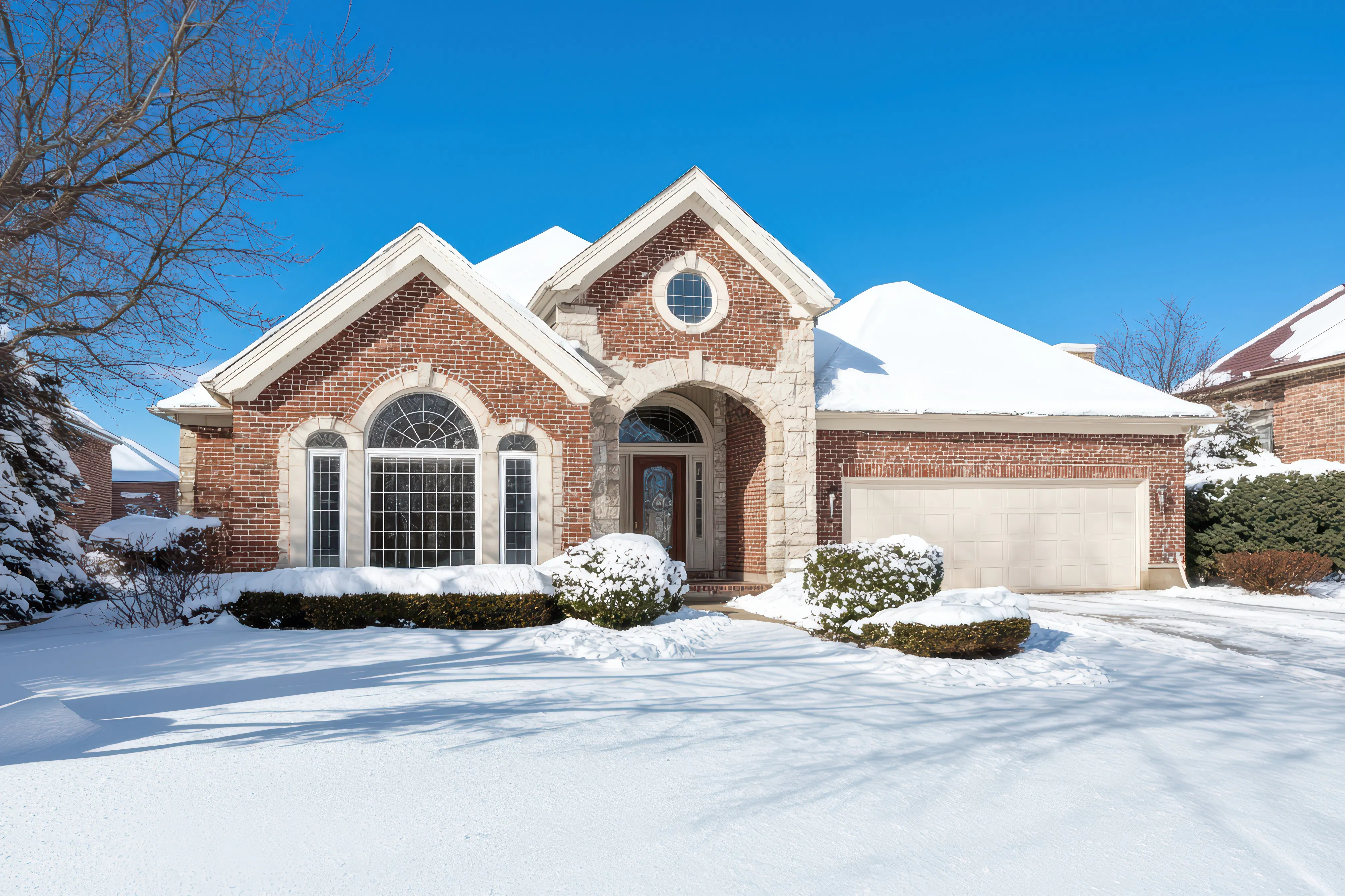 Charming snow-covered brick house with blue sky and serene surroundings.