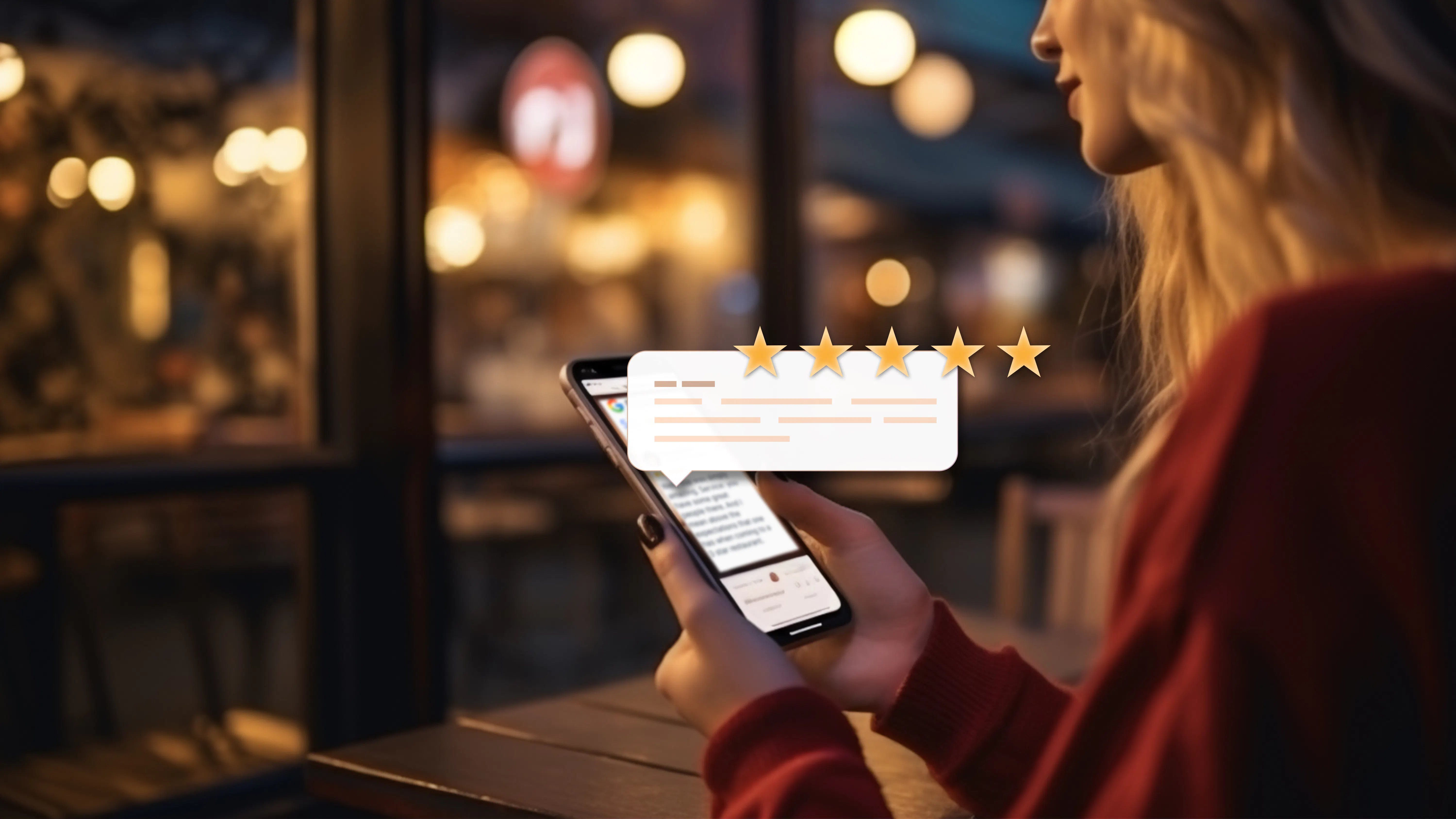 Woman giving a guest review on her smartphone.