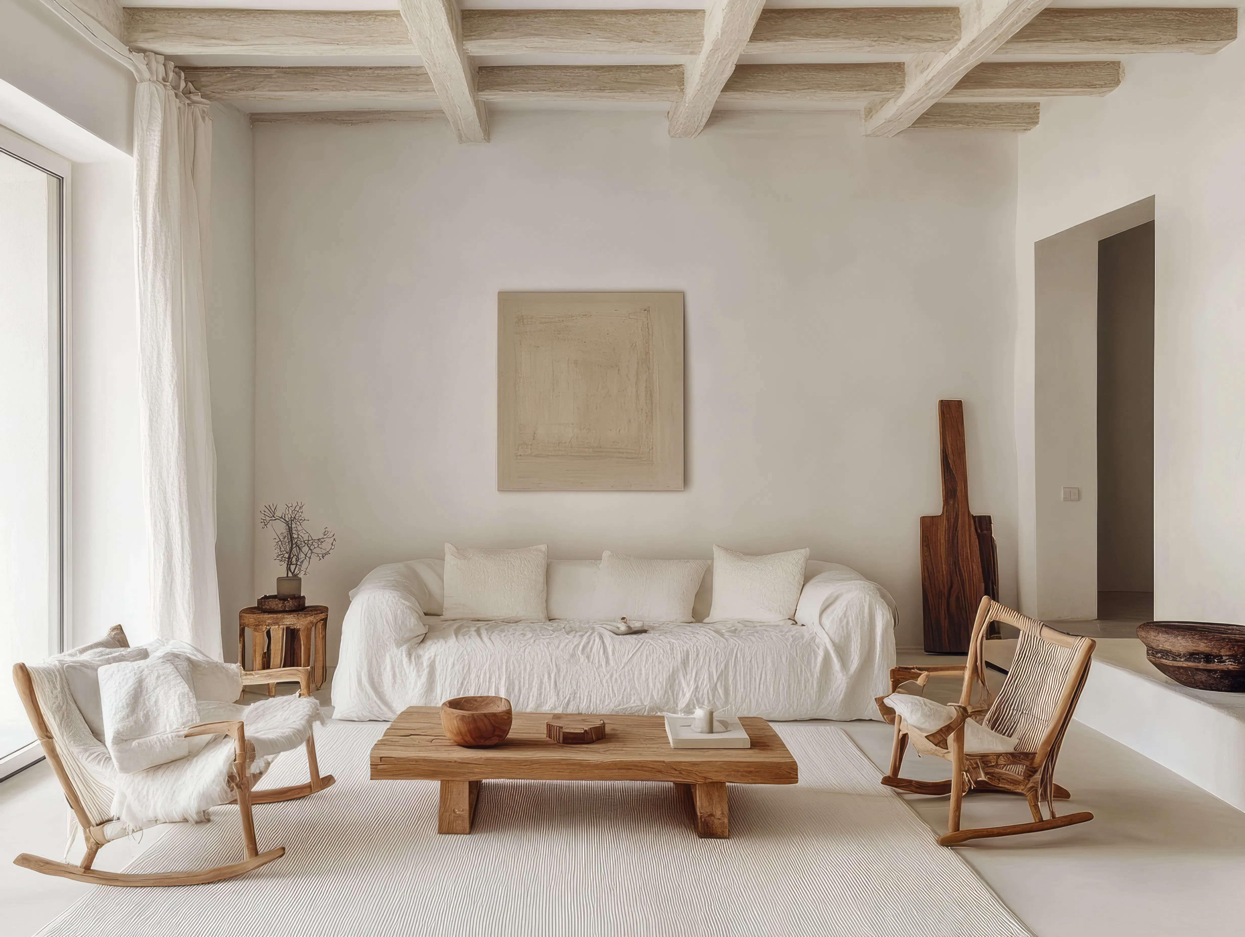 White walls and natural wood furnishings in a minimalist winte