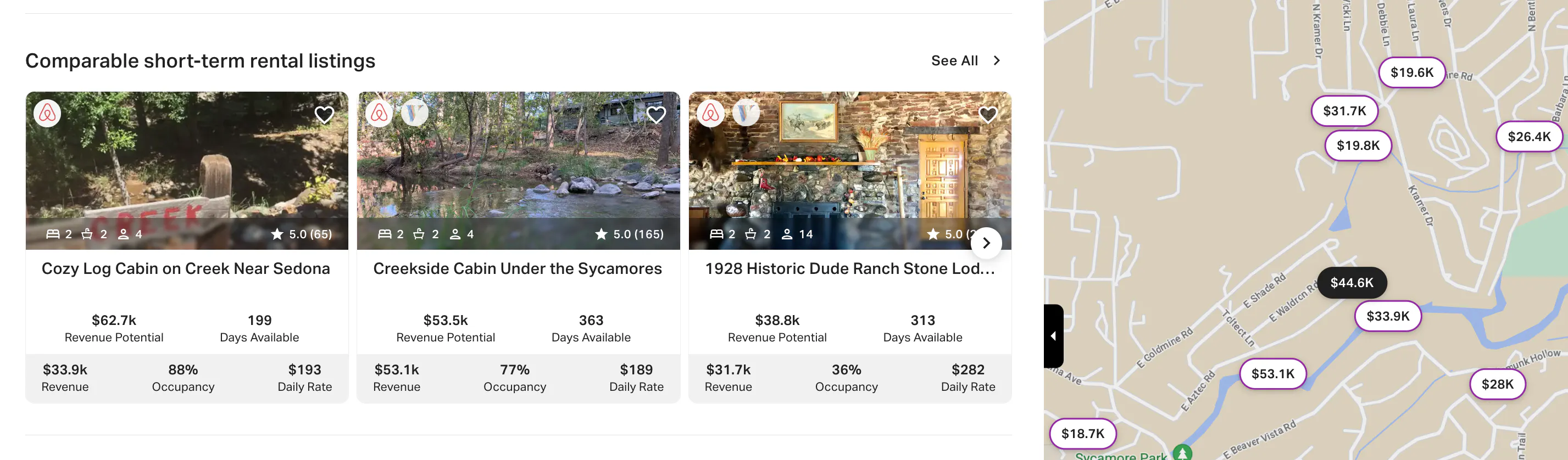 Comparable short-term rental properties and AirDNA map