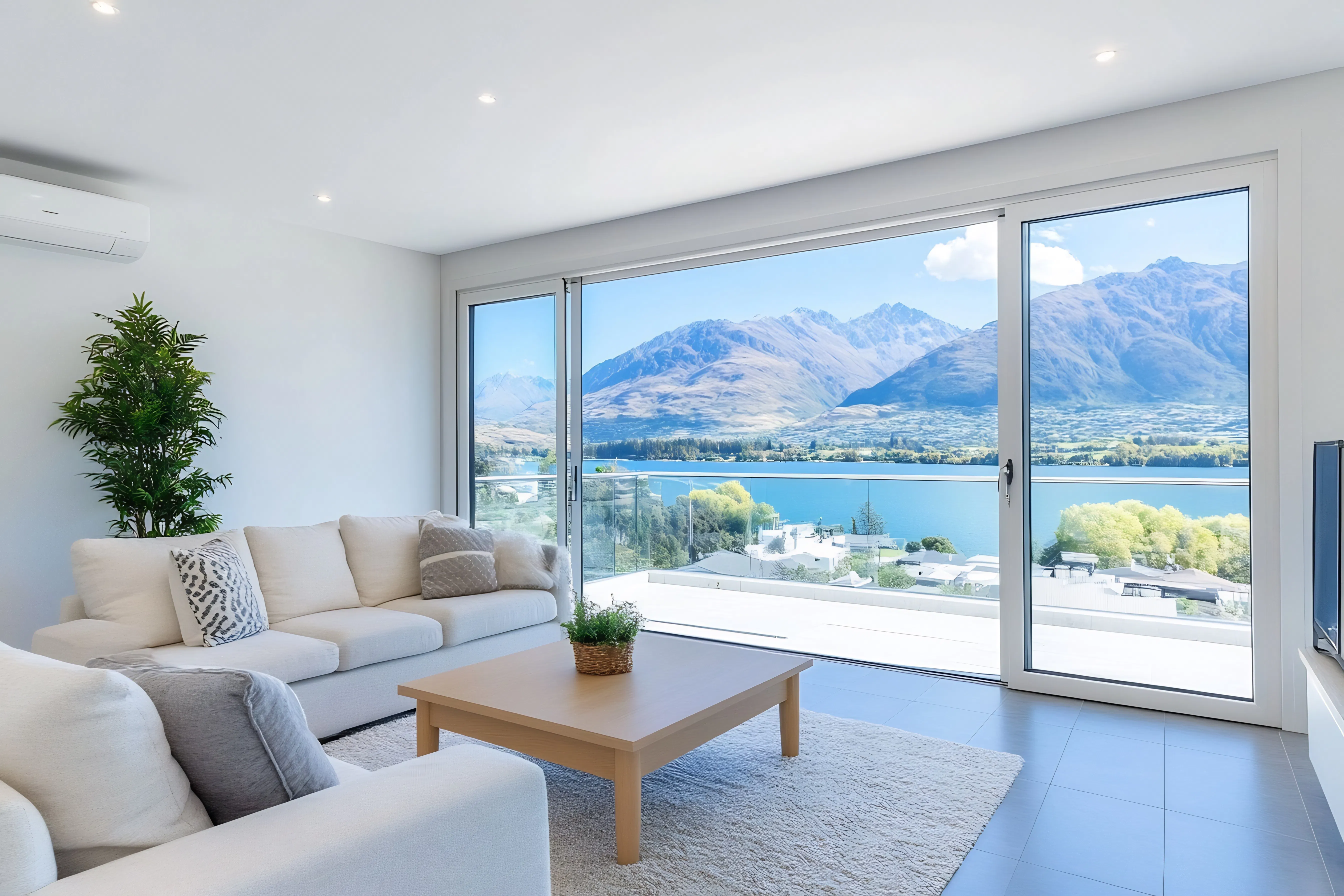 Modern living room with lake view.