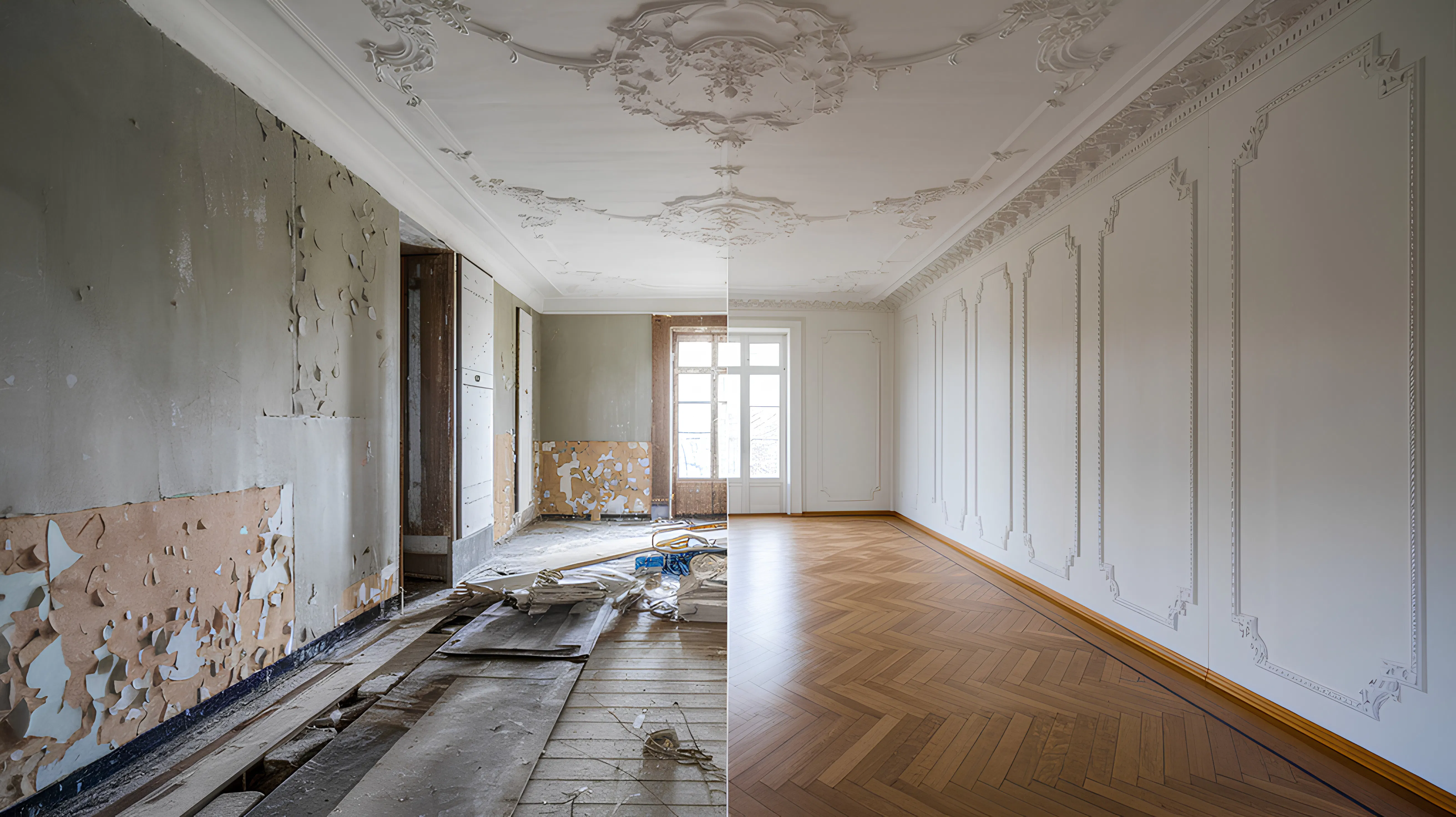 Empty room before and after restoration