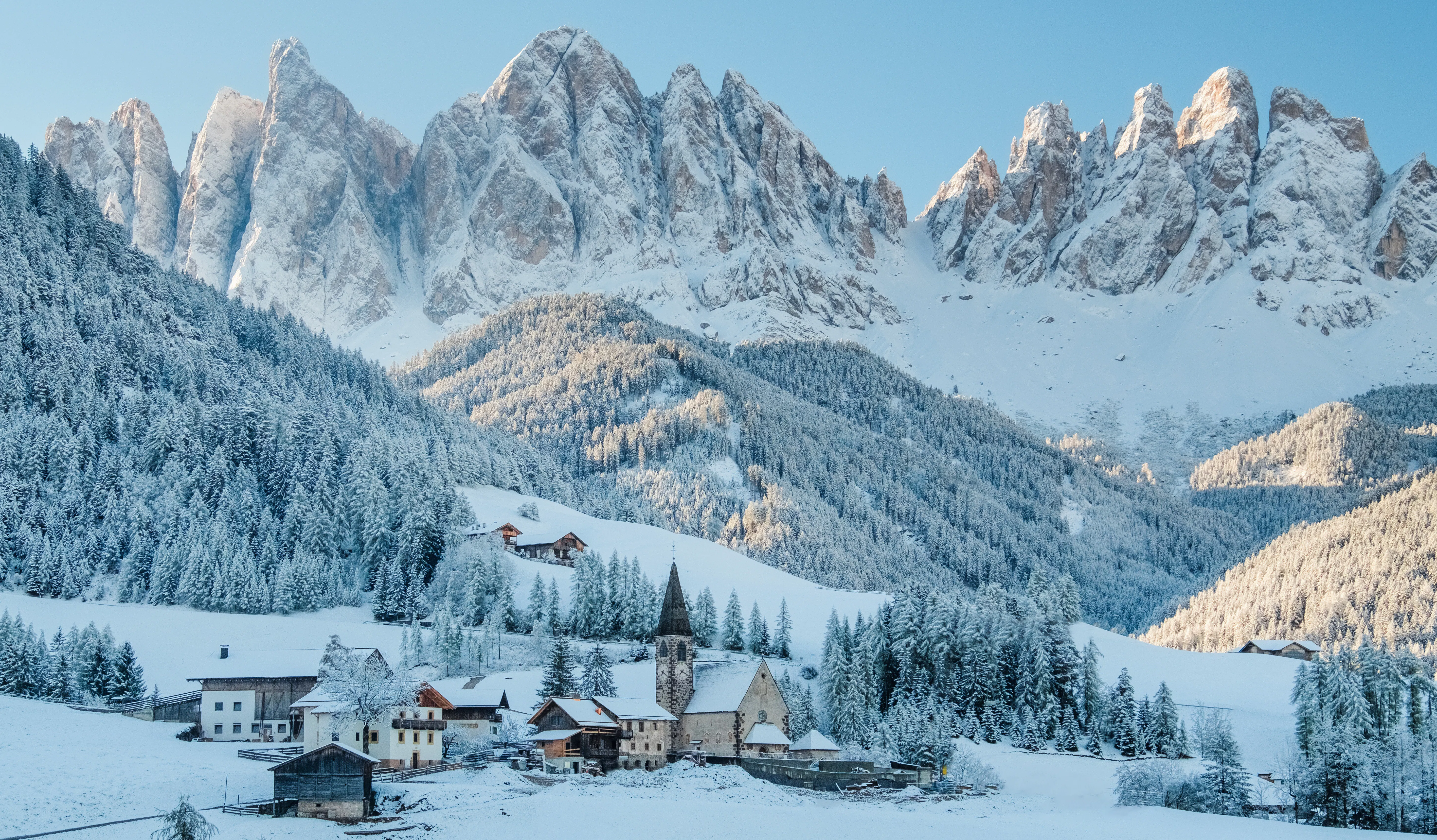 Snowy village in Dolomites