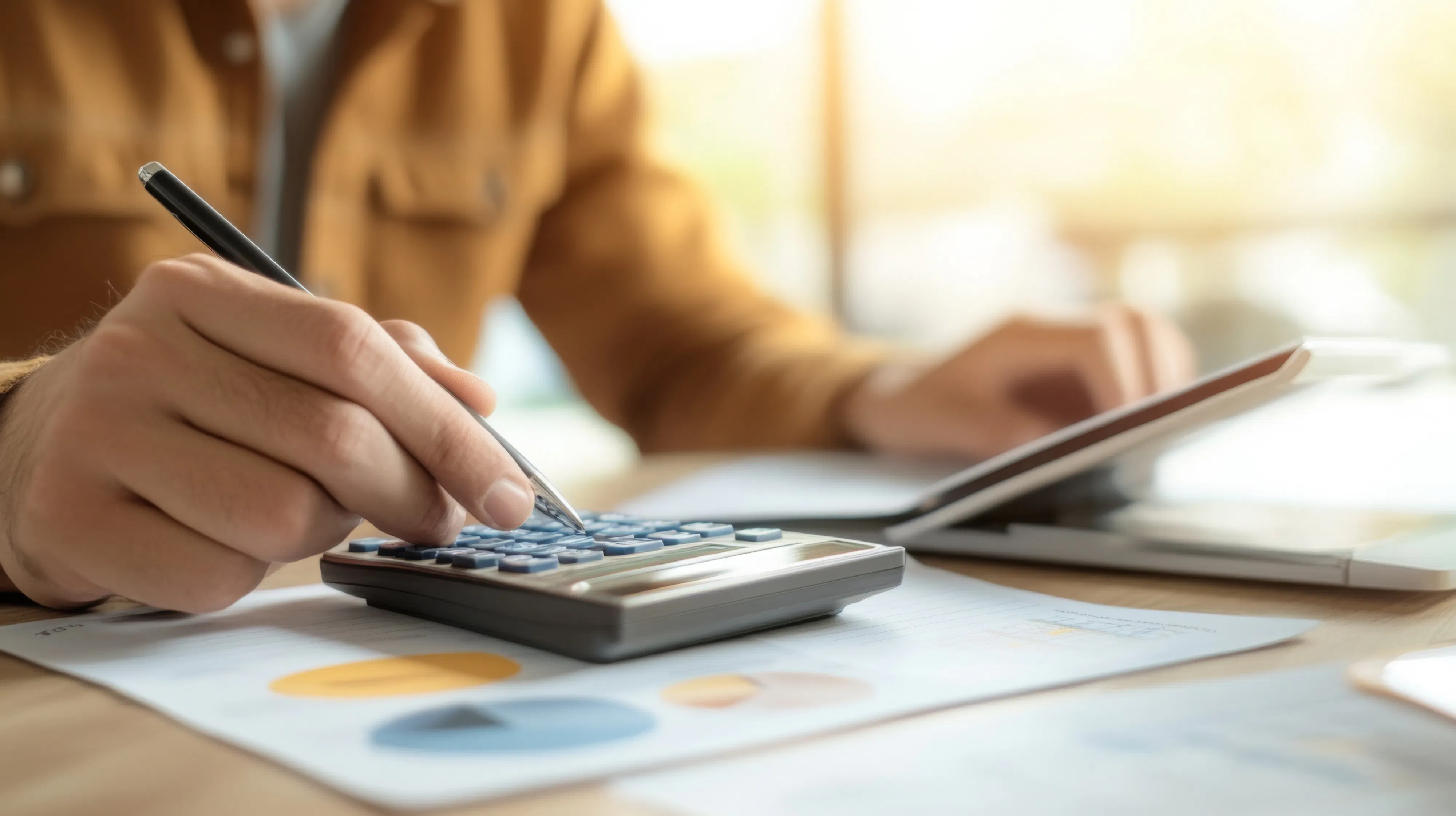 Person calculating metrics with a calculator.