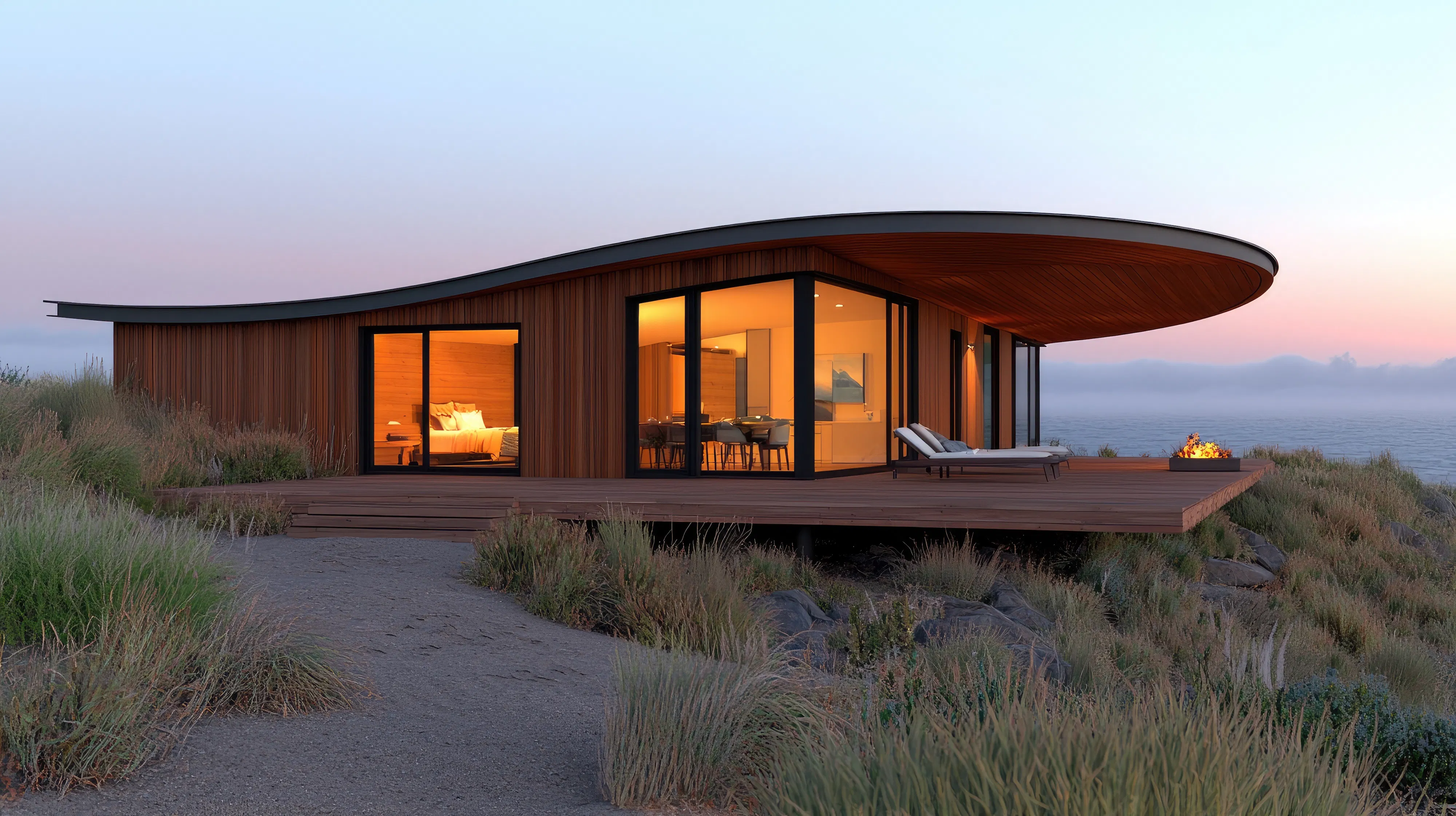 Modern coastal house with sunset view.