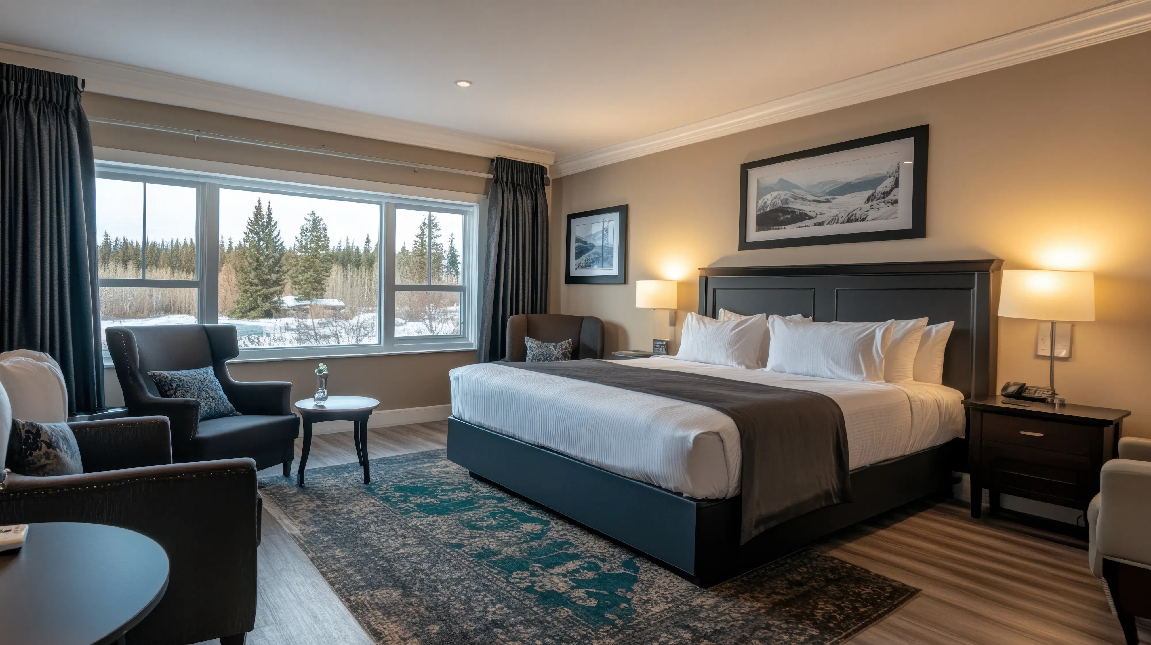 A modern, well-lit suite with elegant decoration.