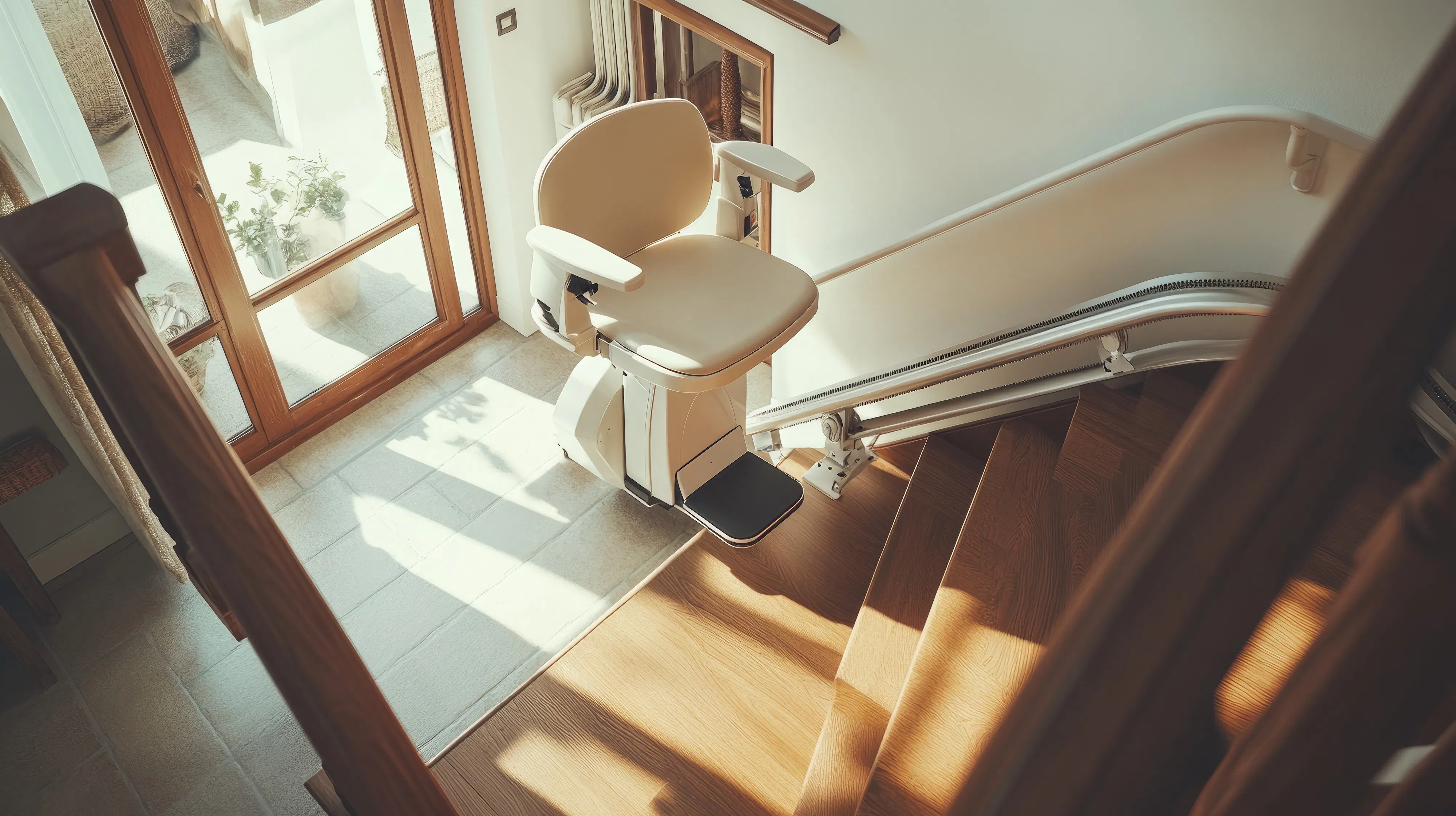 A modern stairlift installed on a residential staircase.