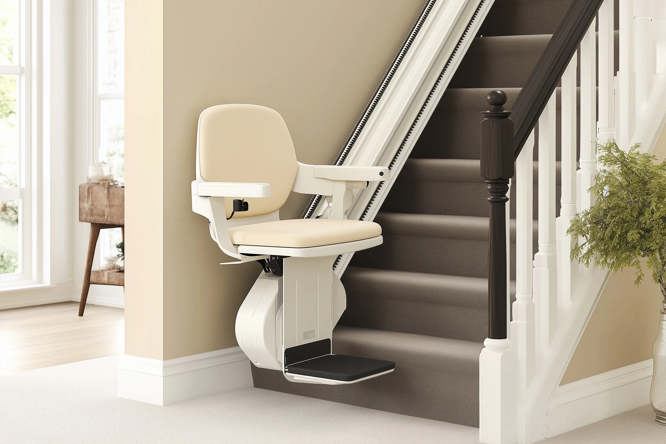 A stairlift installed on a staircase in an accessible home.
