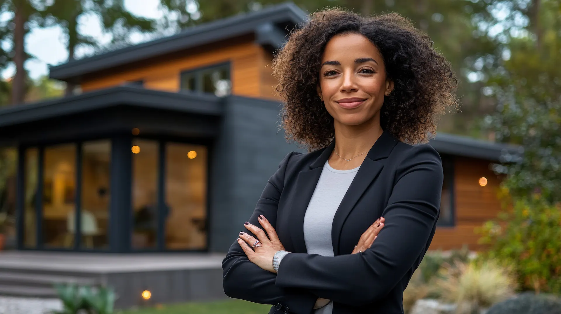 Confident property manager standing outside a modern house.