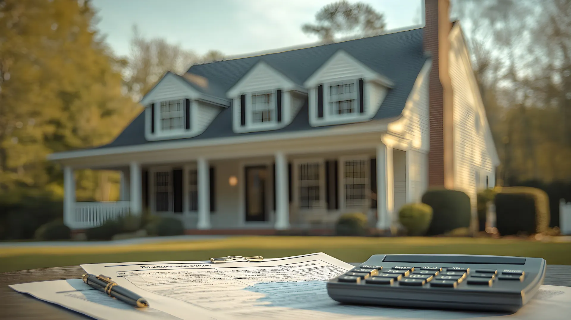 A serene suburban home with papers, a calculator, and a pen on a table.