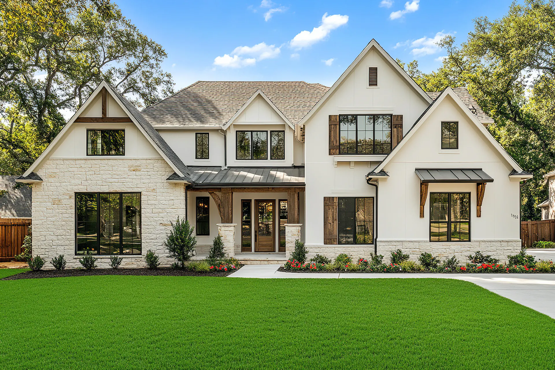 The exterior front view of a modern farmhouse-style home in Texas.