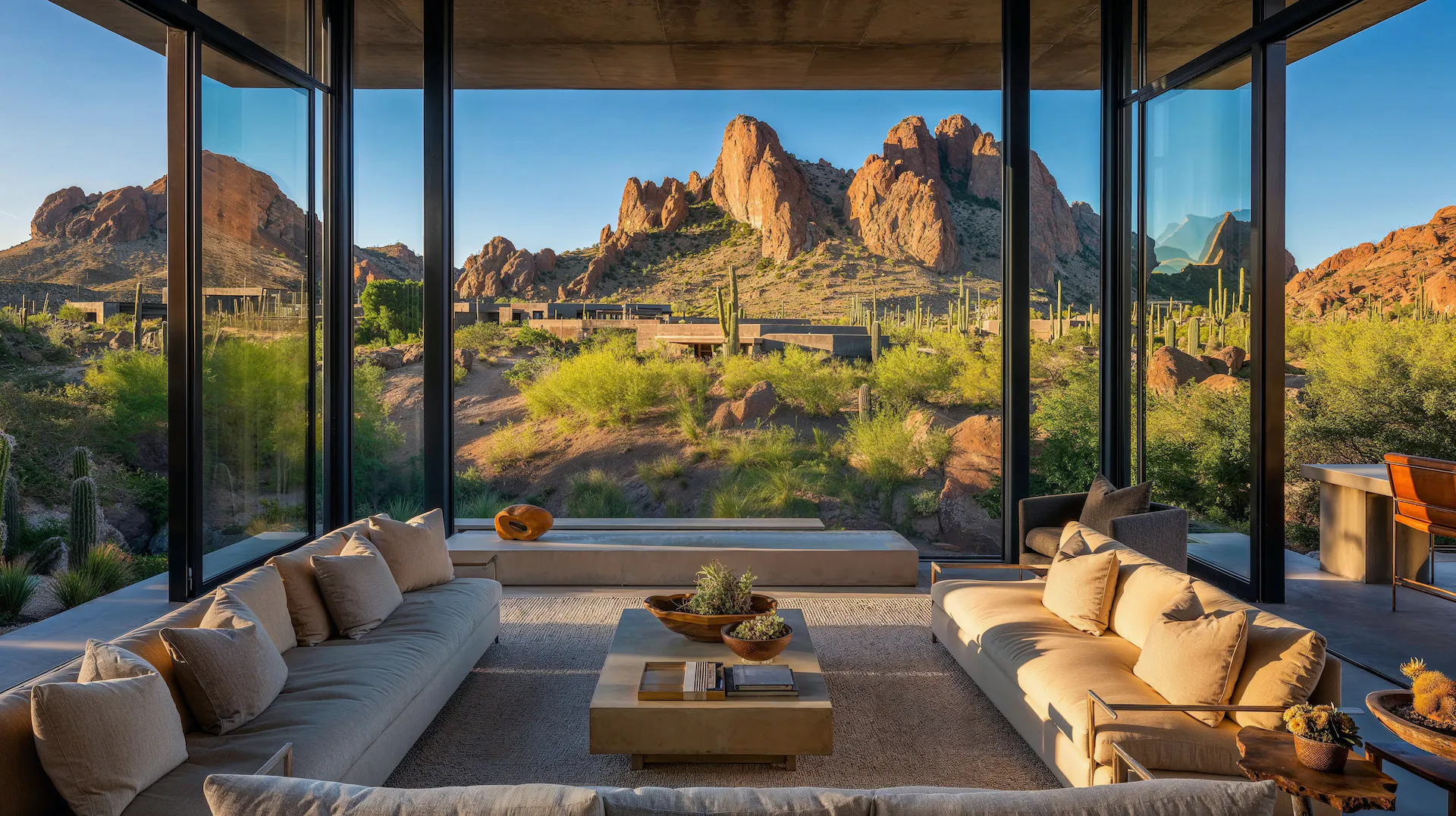 The view from an enclosed patio in a house in Arizona.