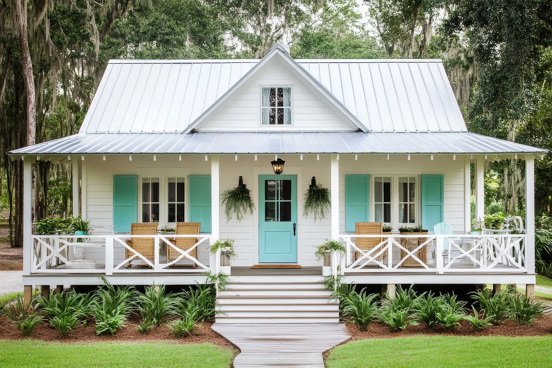 A beautiful covered porch adorns the front entrance of a Southern home.