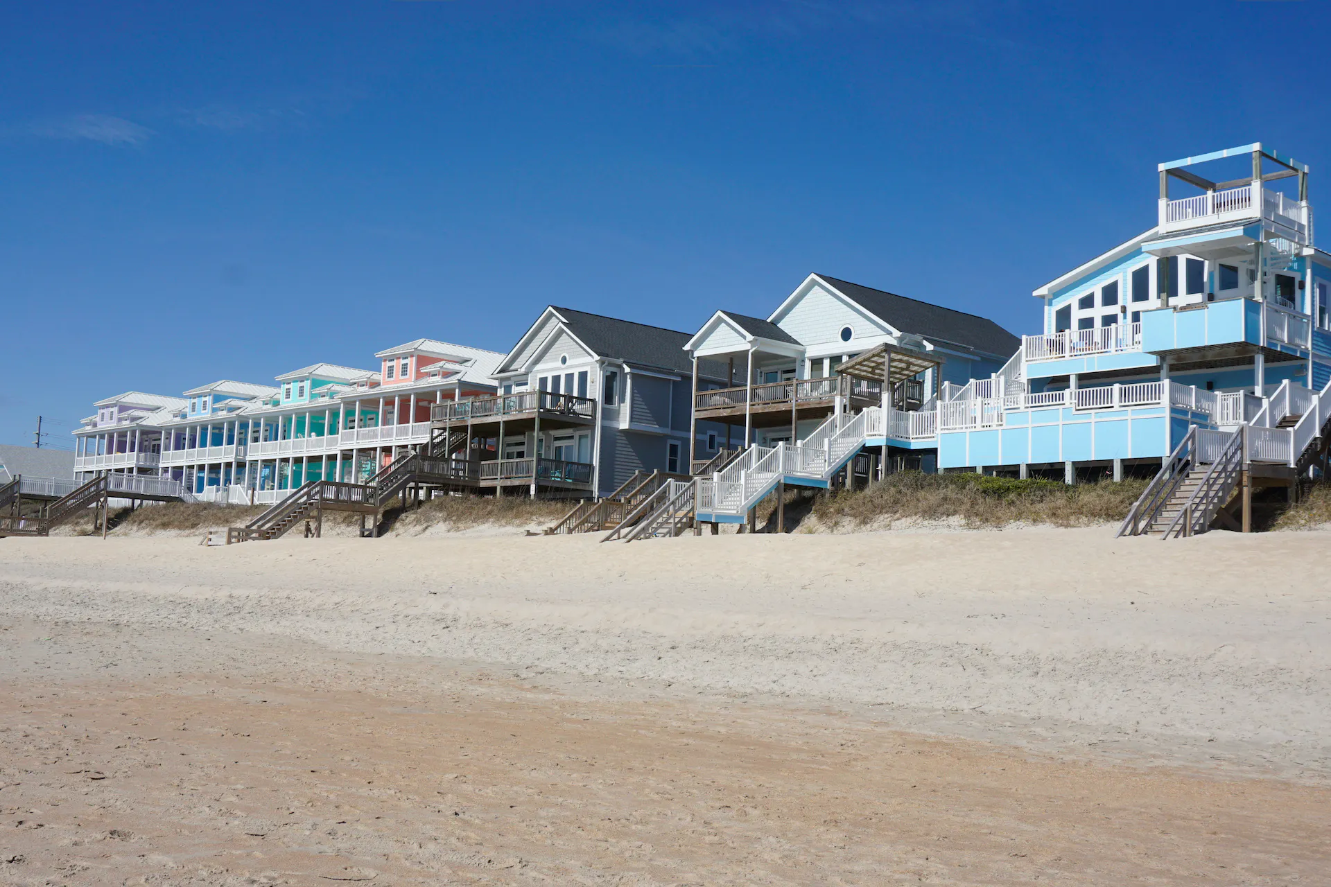Colorful beach houses along the North Carolina coast.