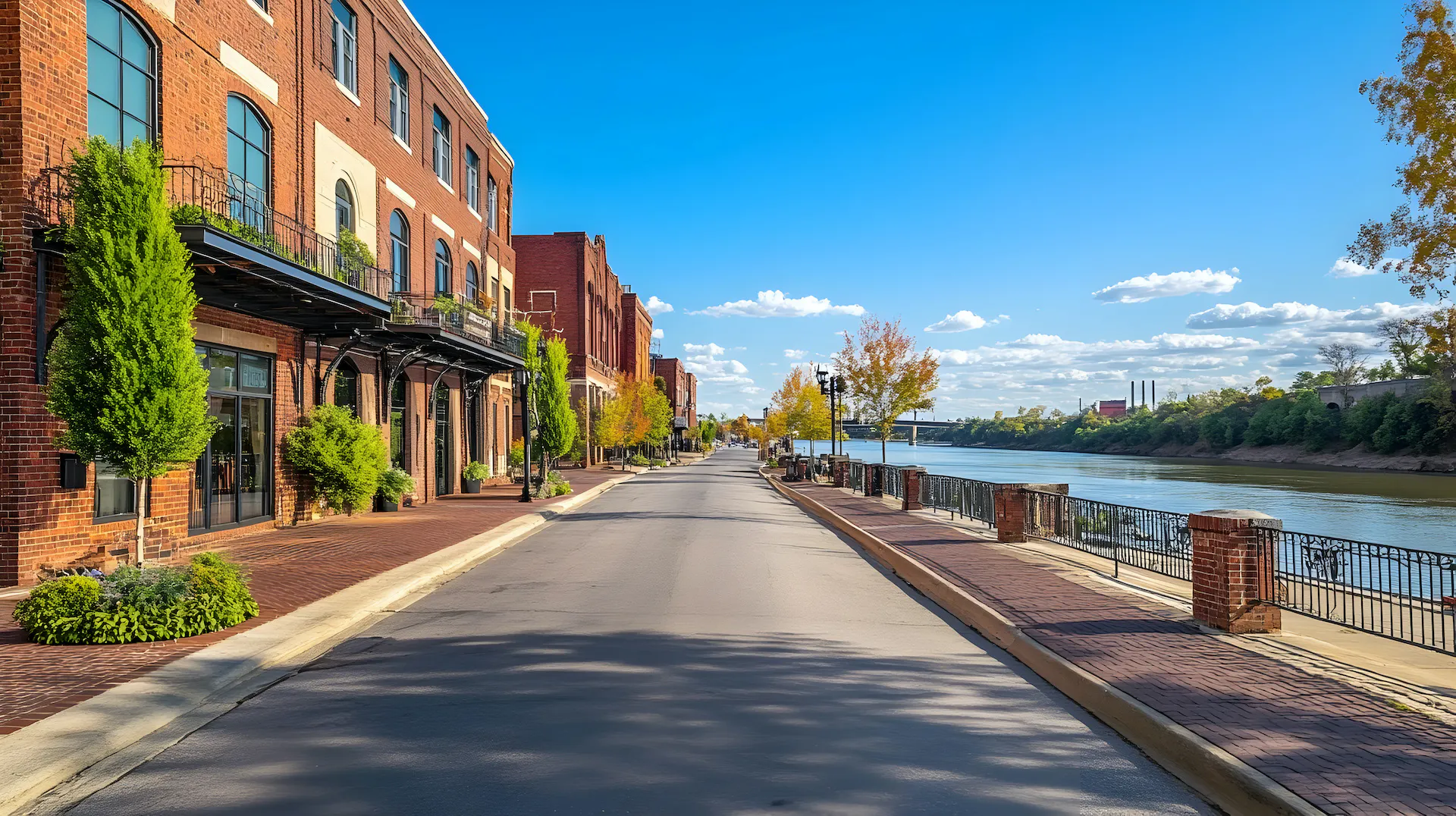 Vibrant riverfront street in Little Rock, Arkansas, with historic brick buildings.