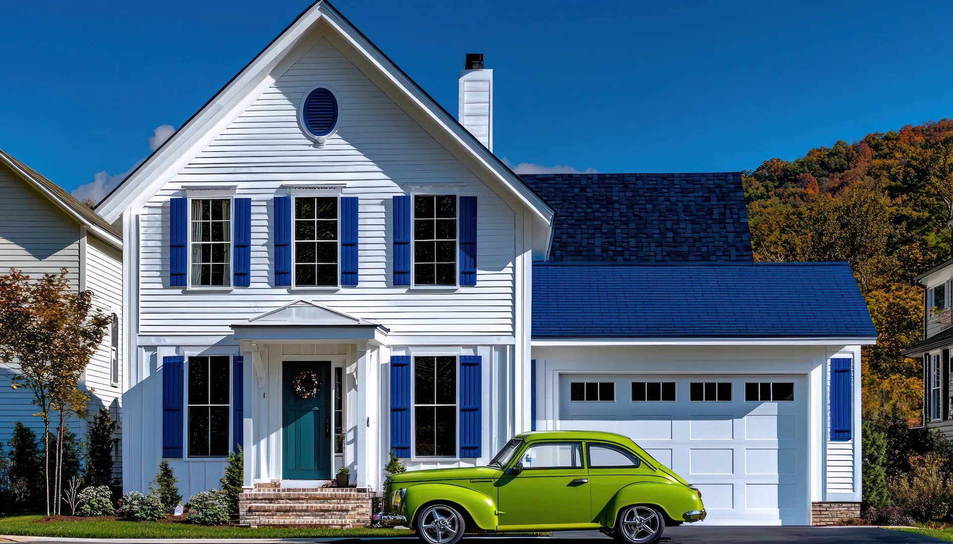 White and blue townhouse with a lime green car in front, in West Virginia.