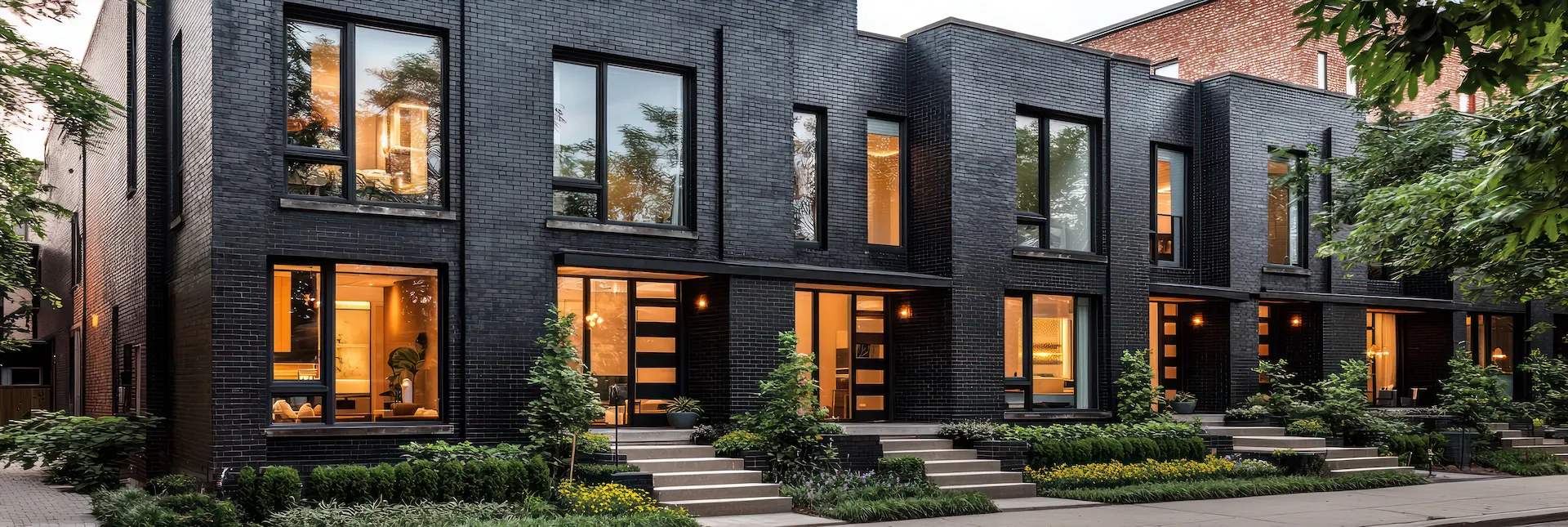 Ultra-modern black brick townhouse in Chicago with periwinkle glass.
