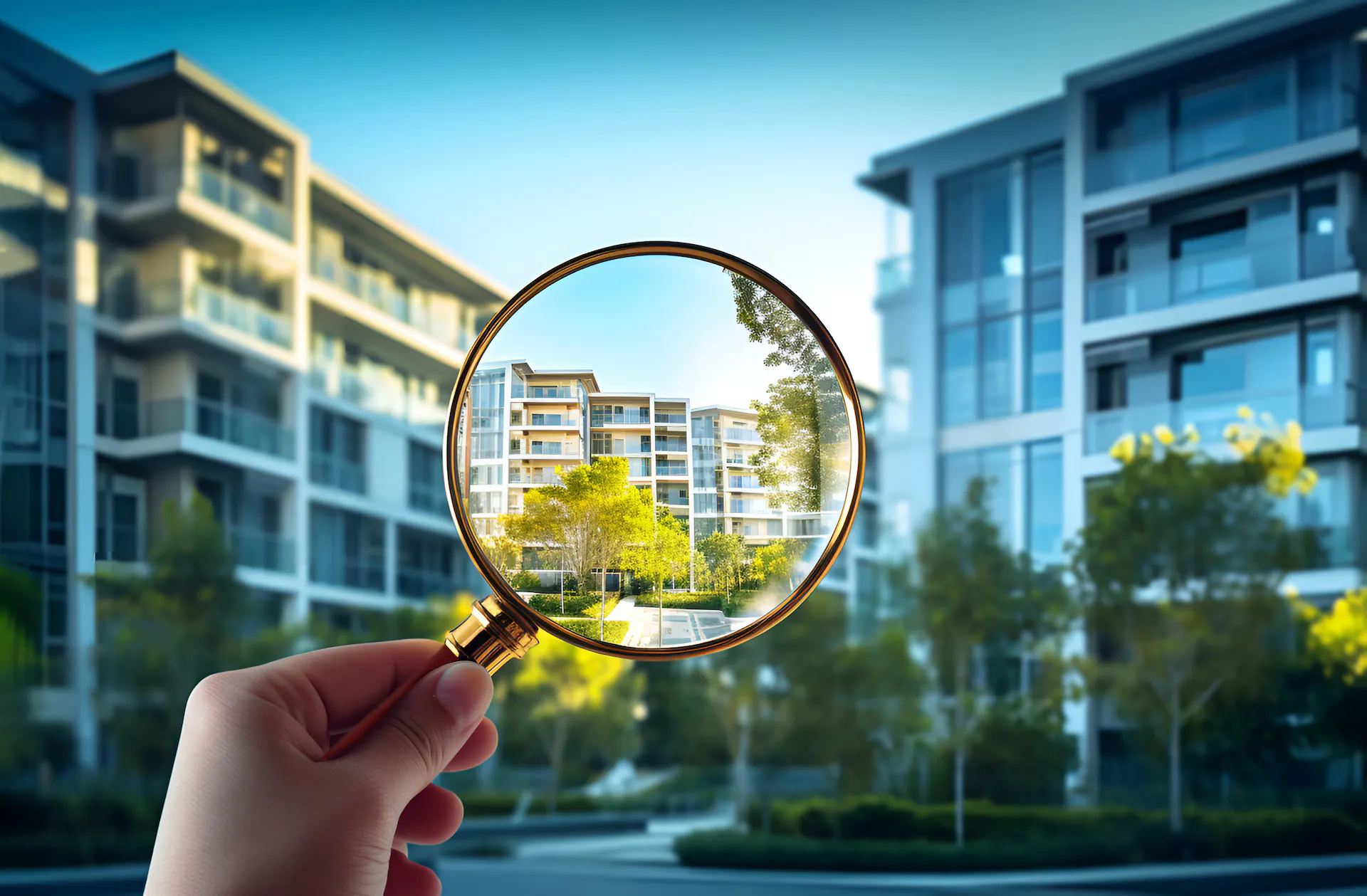 A hand holds a magnifying glass searching for real estate in an apartment building.