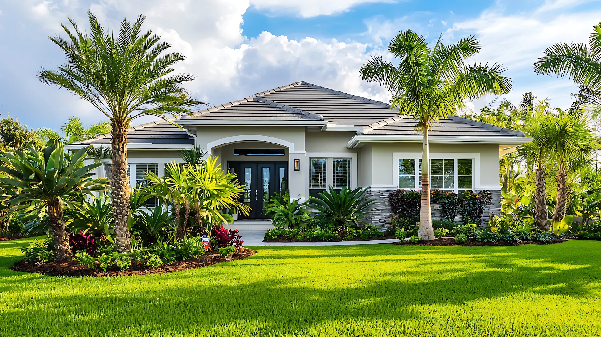 Facade of a beautiful house with a front garden of palm trees, short grass and tropical plants.