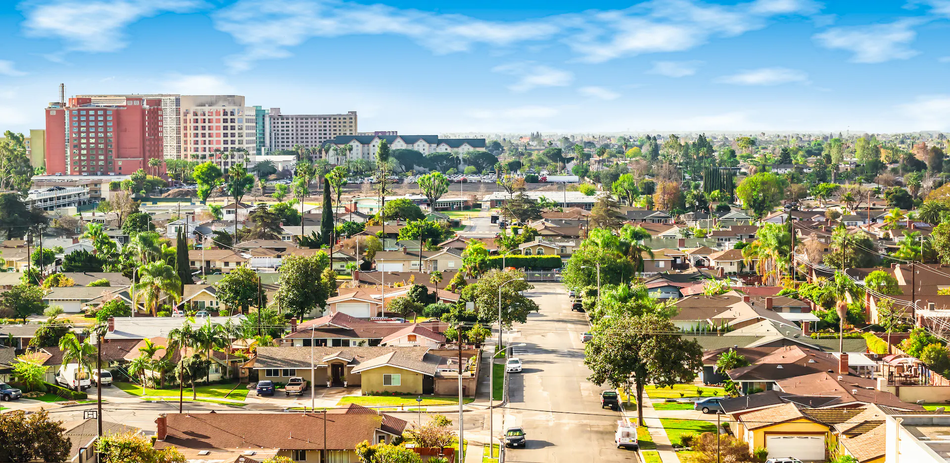 Panoramic view of a neighborhood in Anaheim, California. 
