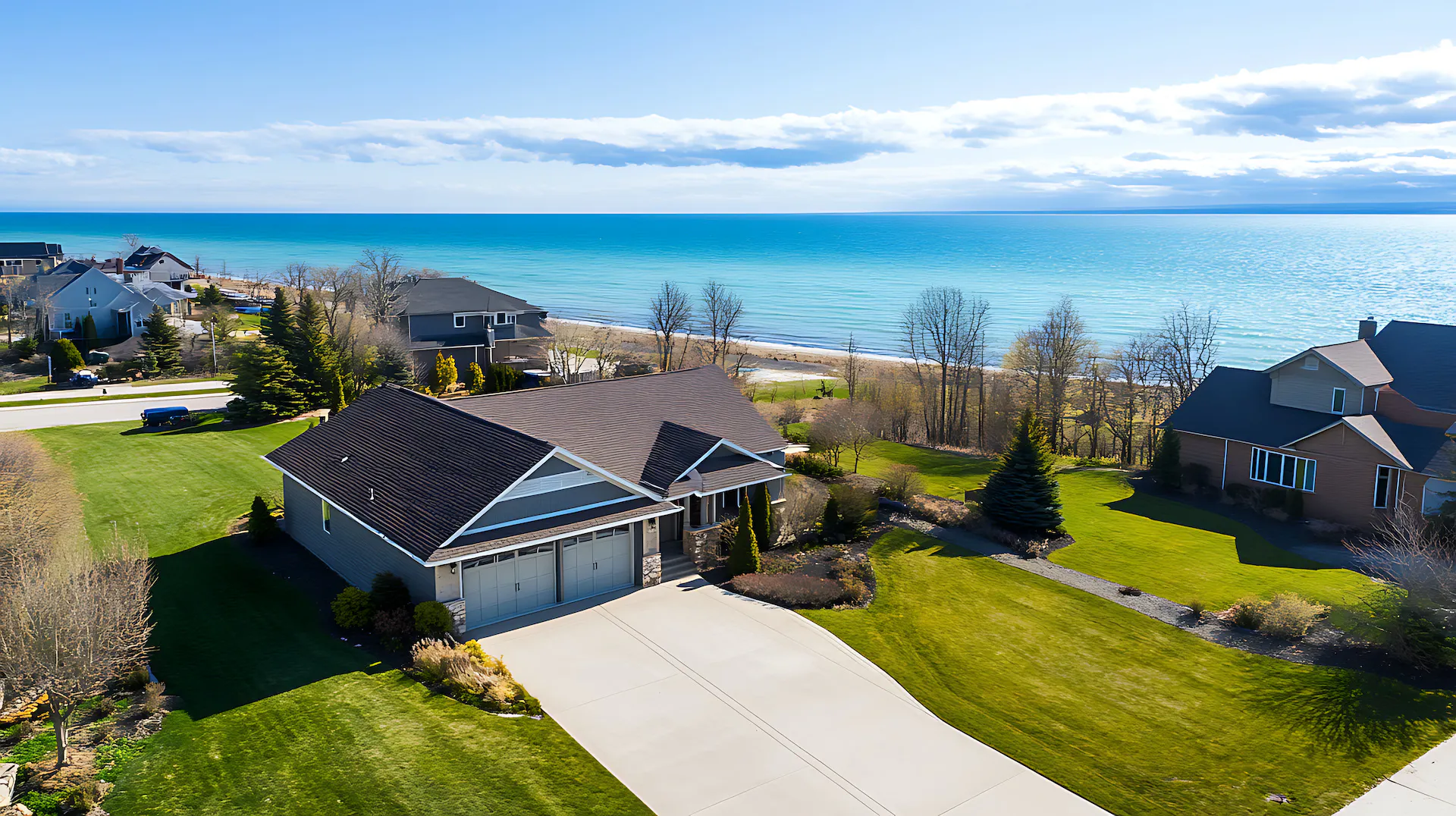 Aerial view of a house near Lake Michigan.