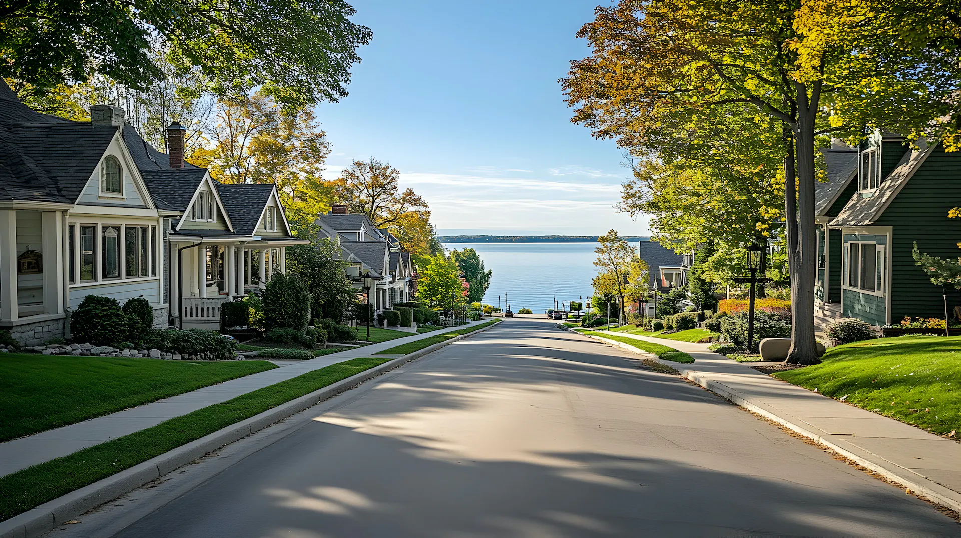 Picturesque street with houses next to a lake.