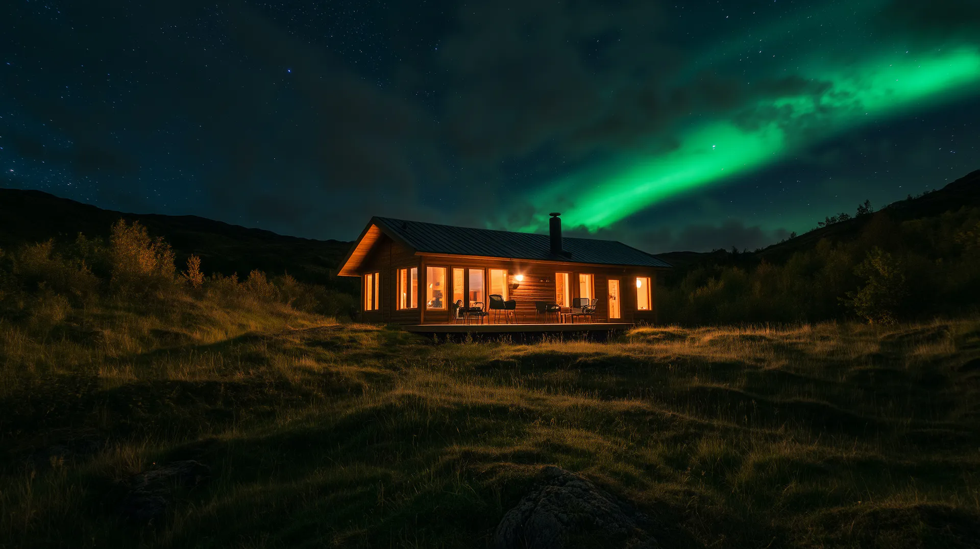 House with a beautiful view of the Northern Lights at night.