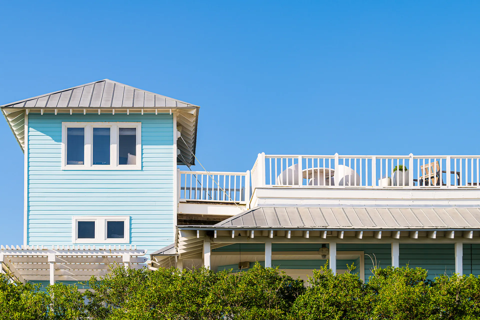 Wooden house by the sea on a beach in Florida.