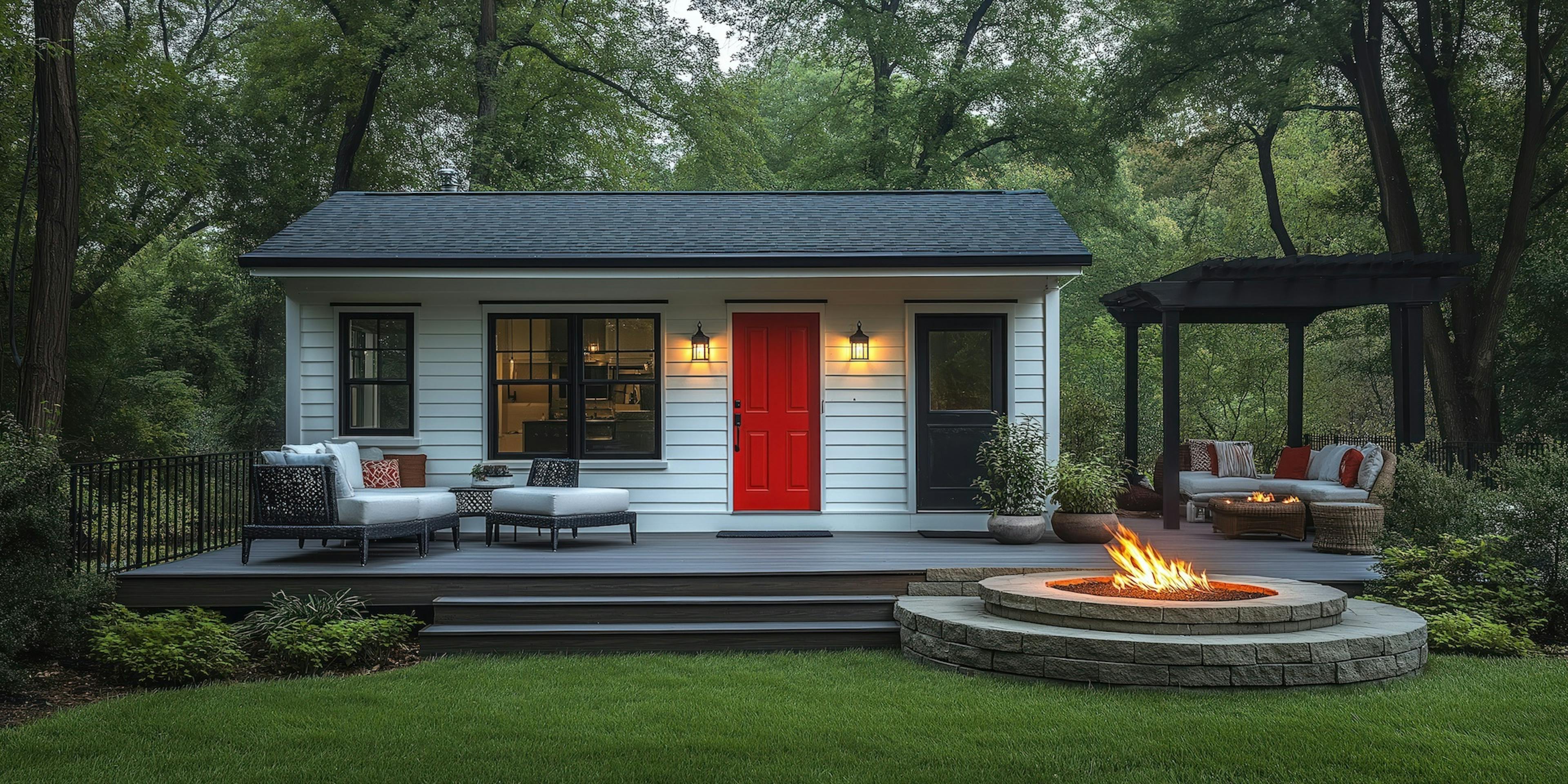 Exterior view of a small white house with a red door.