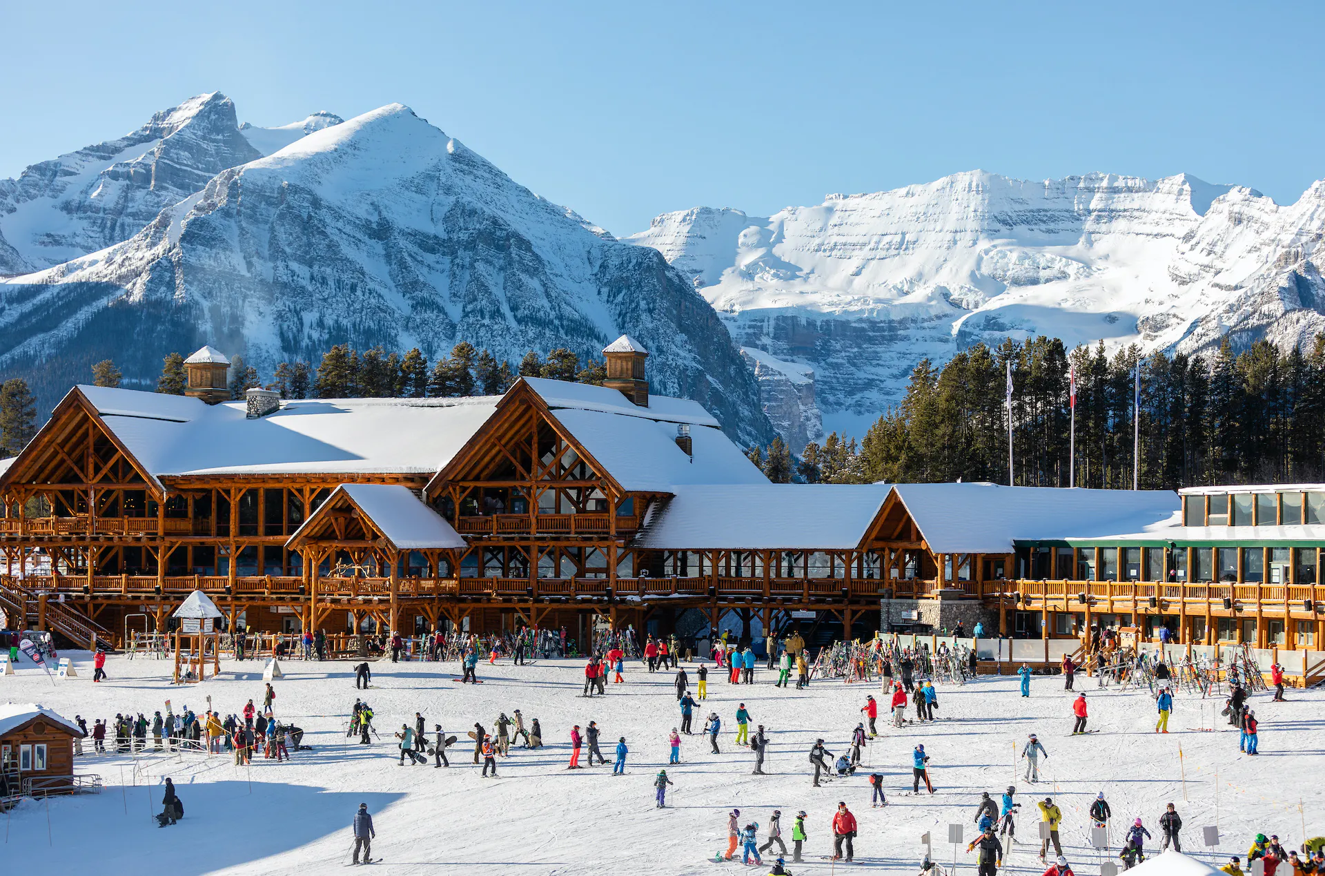 Bright sunny day at the ski resort in Alberta, Canada.