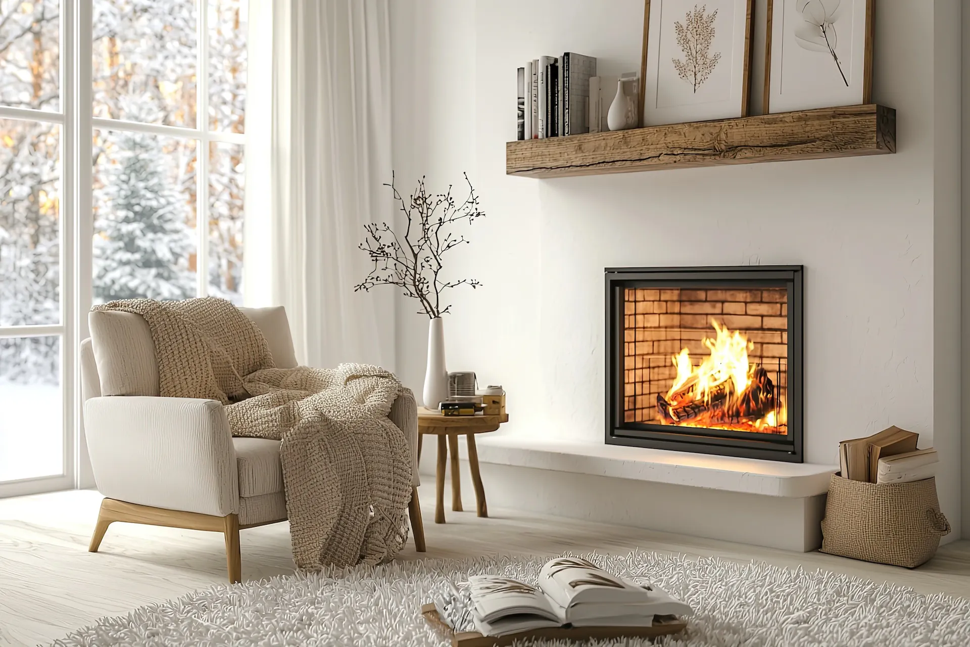 Modern living room interior with fireplace and armchair.