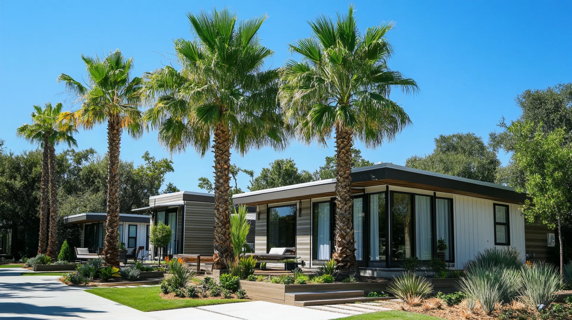 Modern luxury tiny house vacation rentals with tall palm trees.