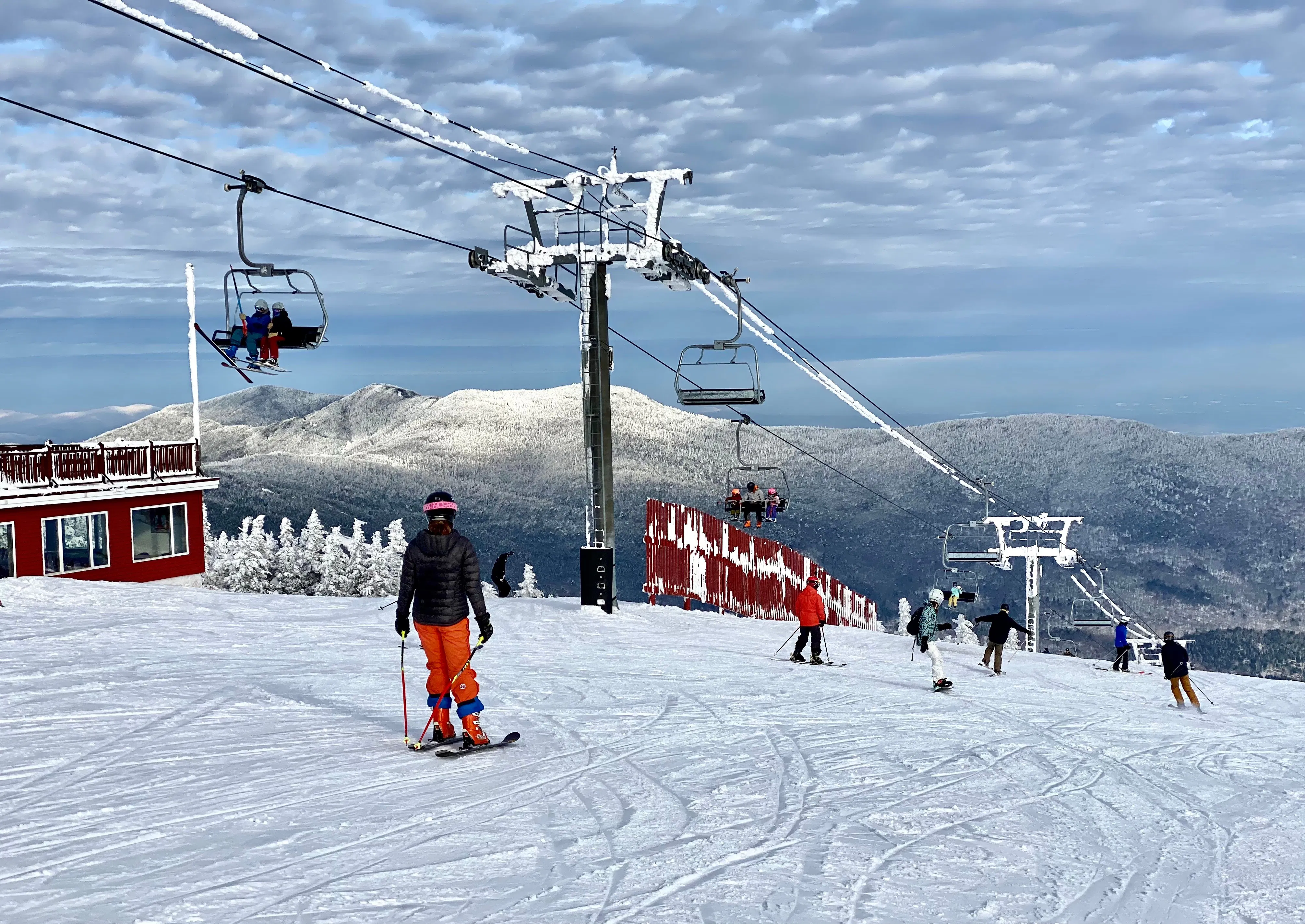 Beautiful snow day and quad ski chairlift at the Stowe Mountain Ski resort Vermont