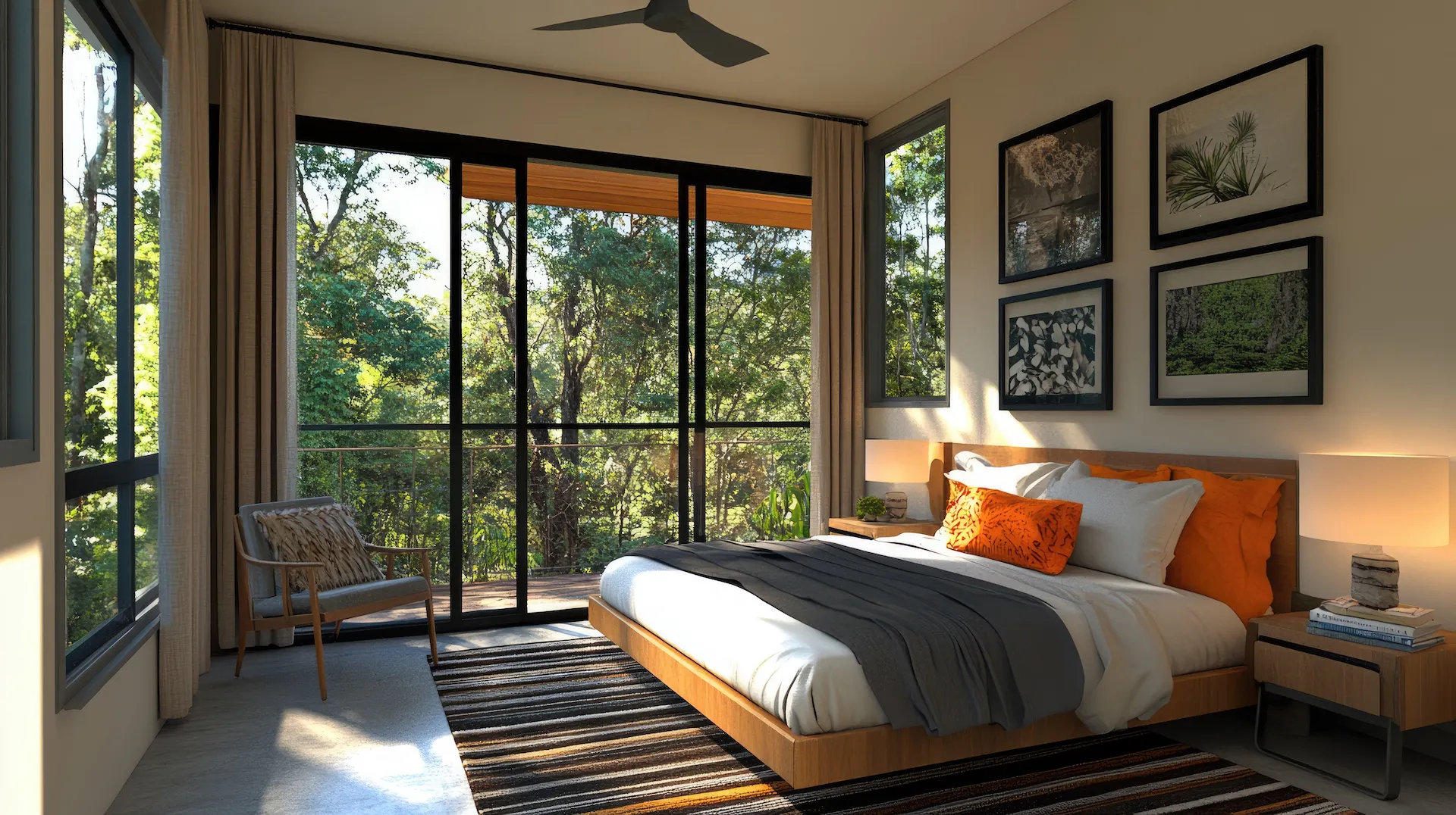 A modern guest bedroom with linen curtains and a minimalist touch.