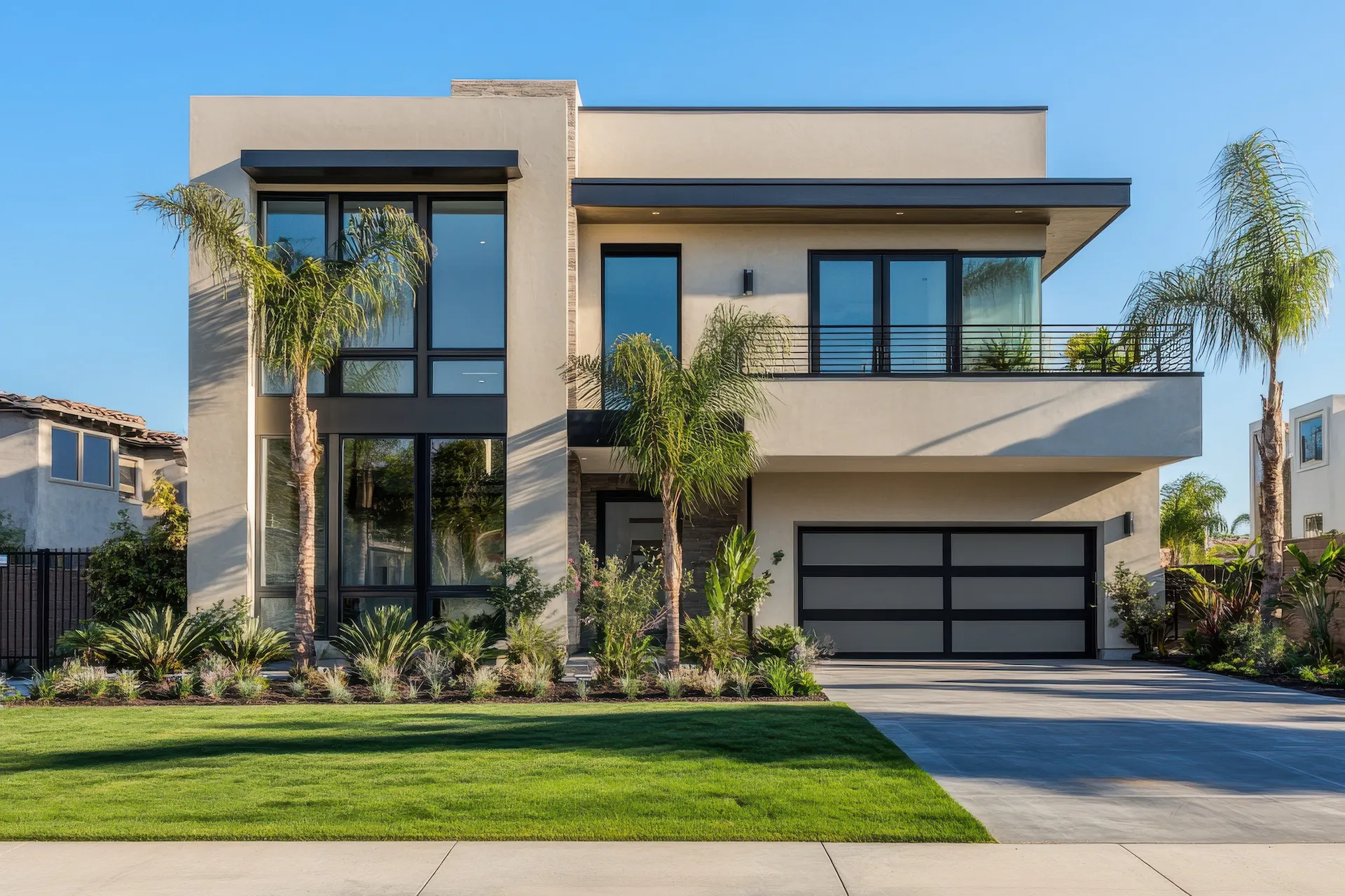 Modern two-story house with beige and gray exterior.