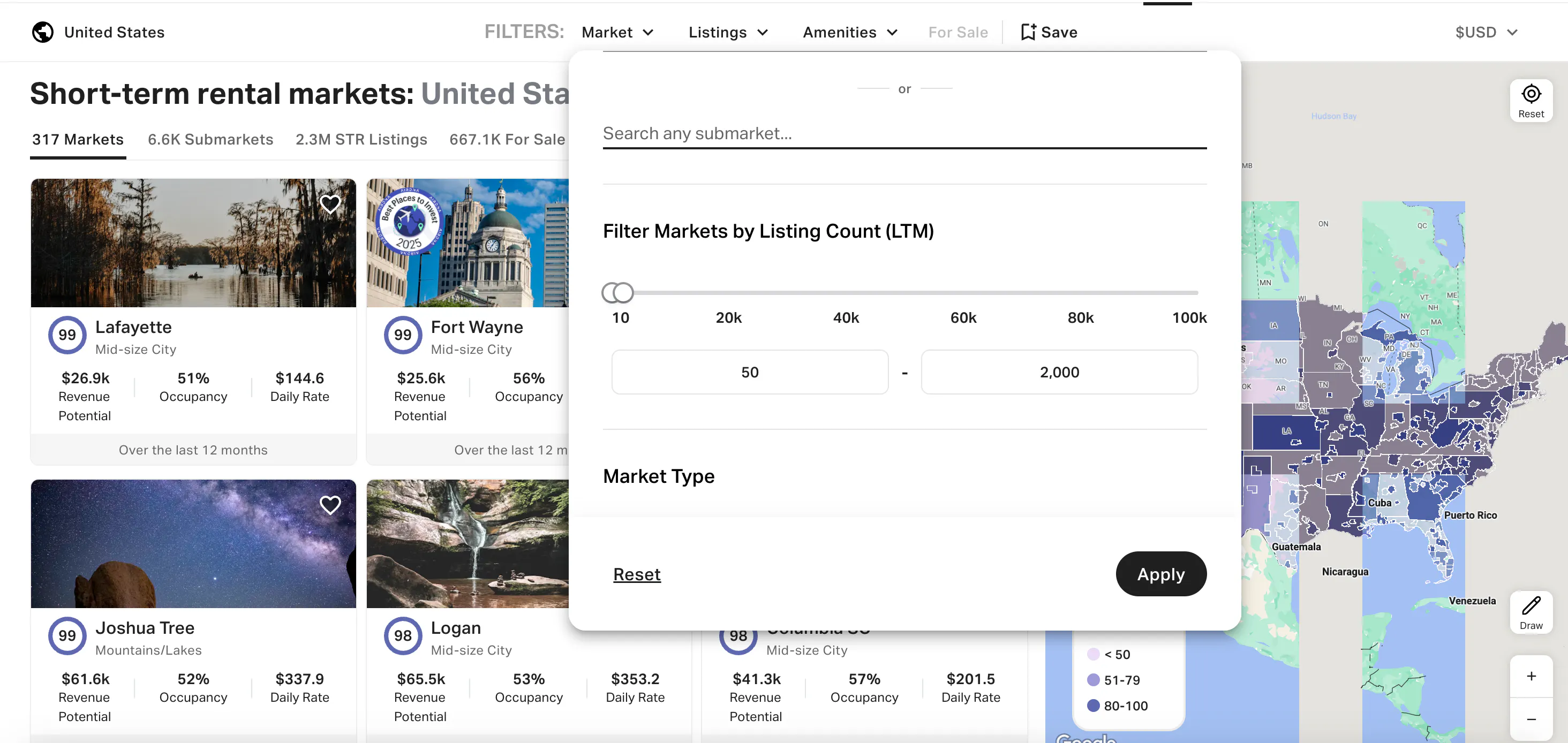 Listing count filter in AirDNA app