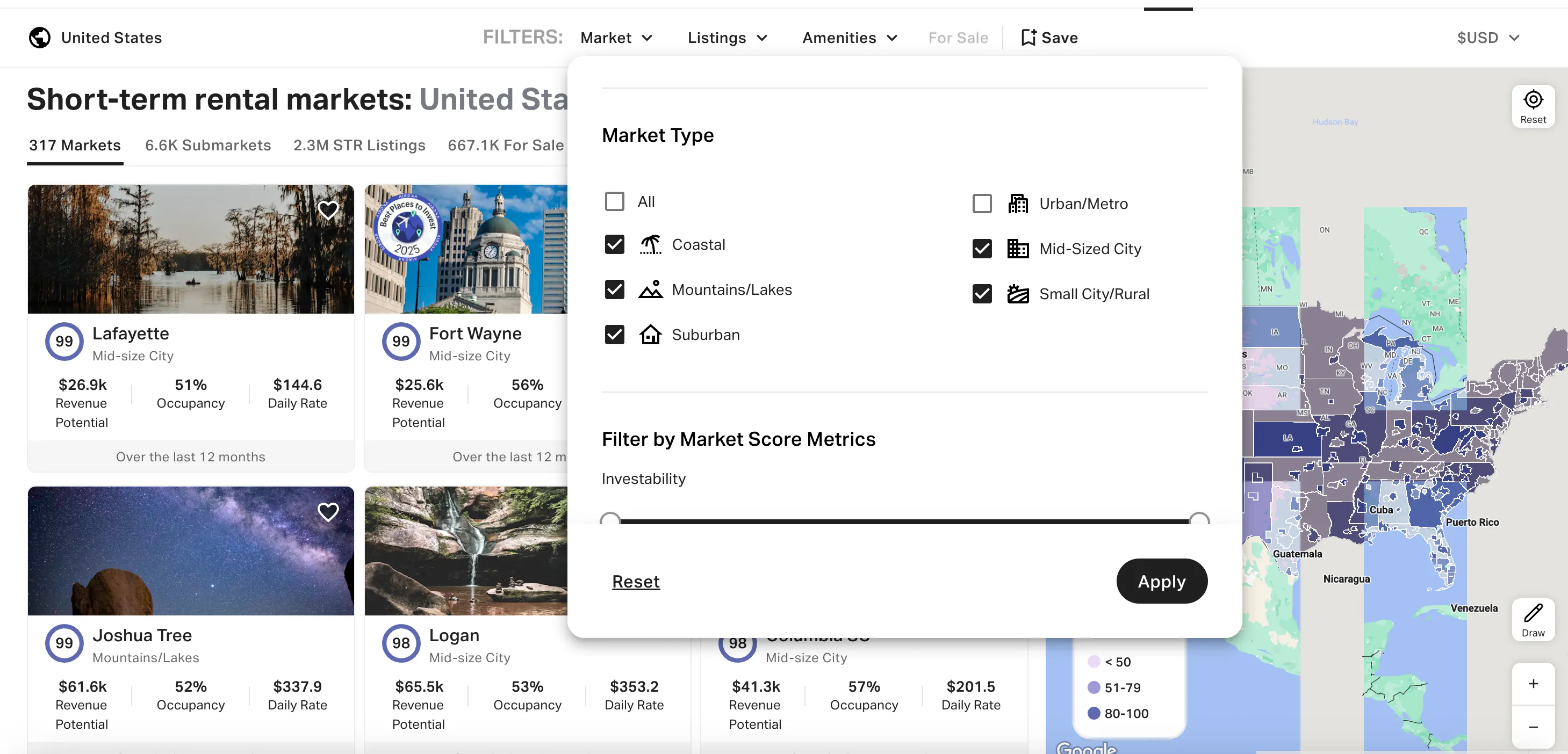Filter out the overcrowded markets in AirDNA