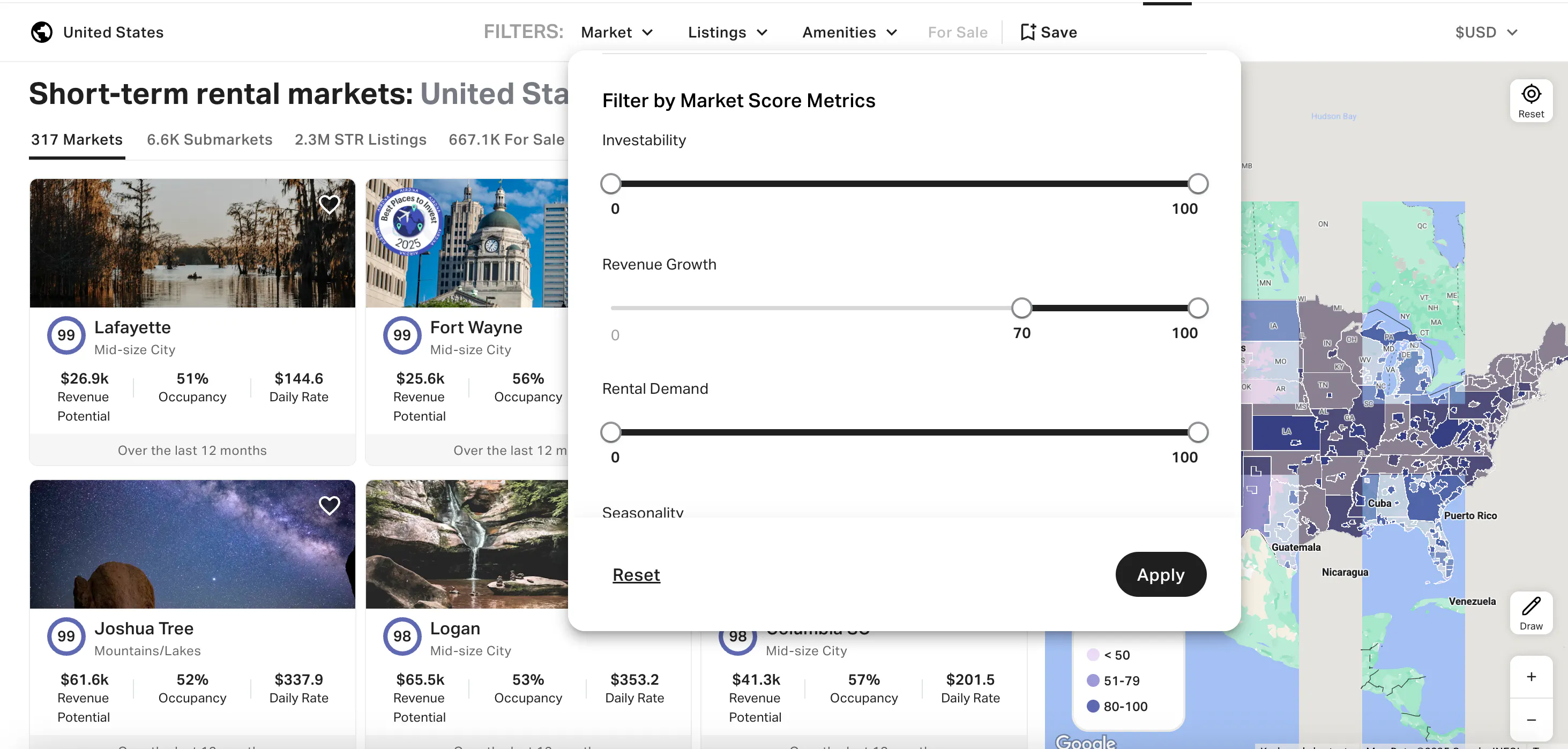 Revenue growth metric filter in AirDNA