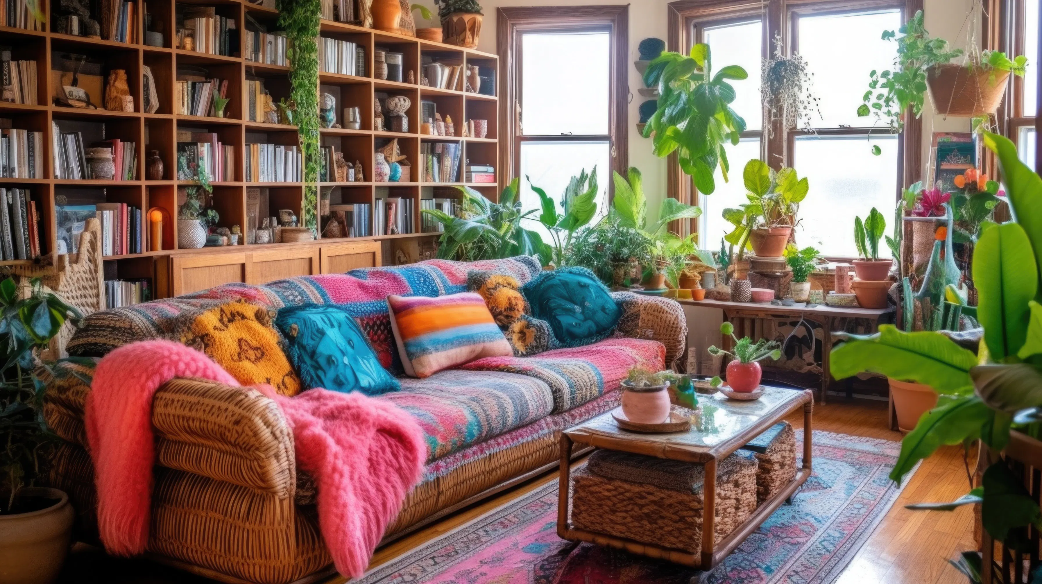 living room with plants and bookshelf