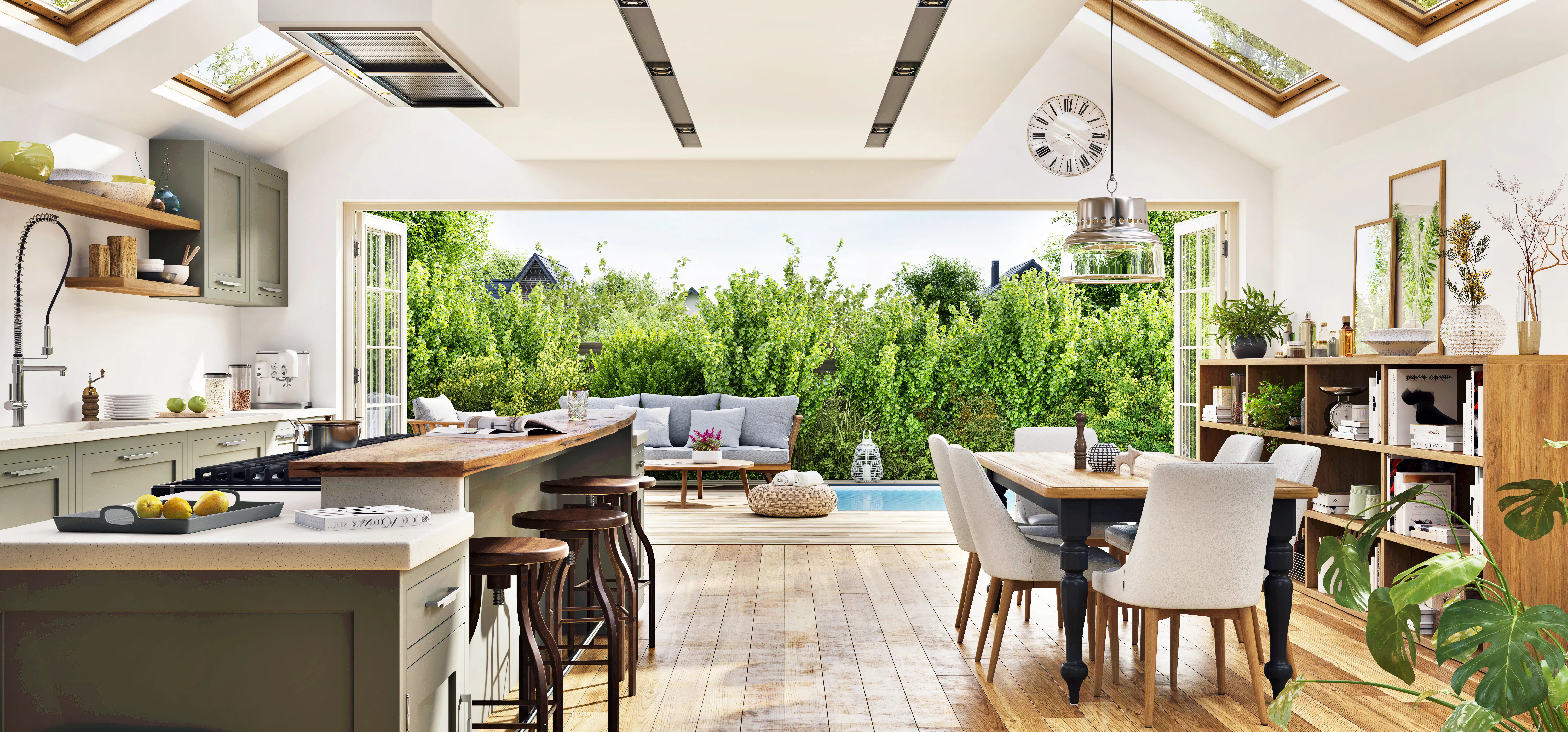 Kitchen and dining room opening onto patio