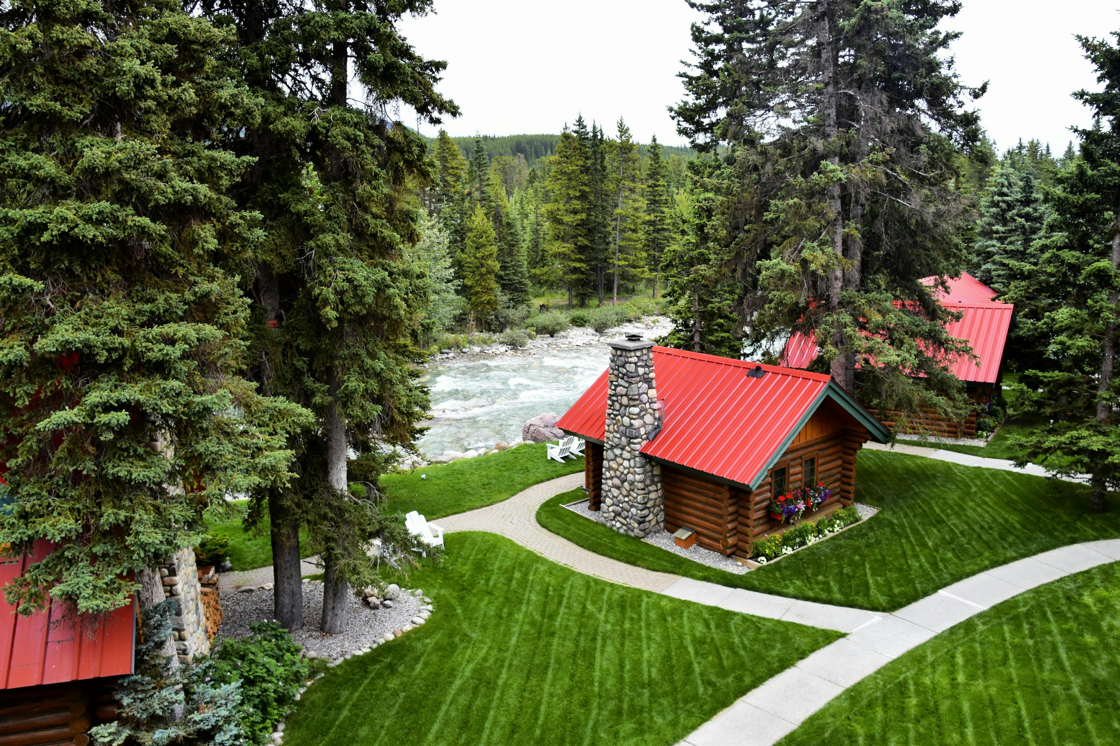 aerial shot cabin on river