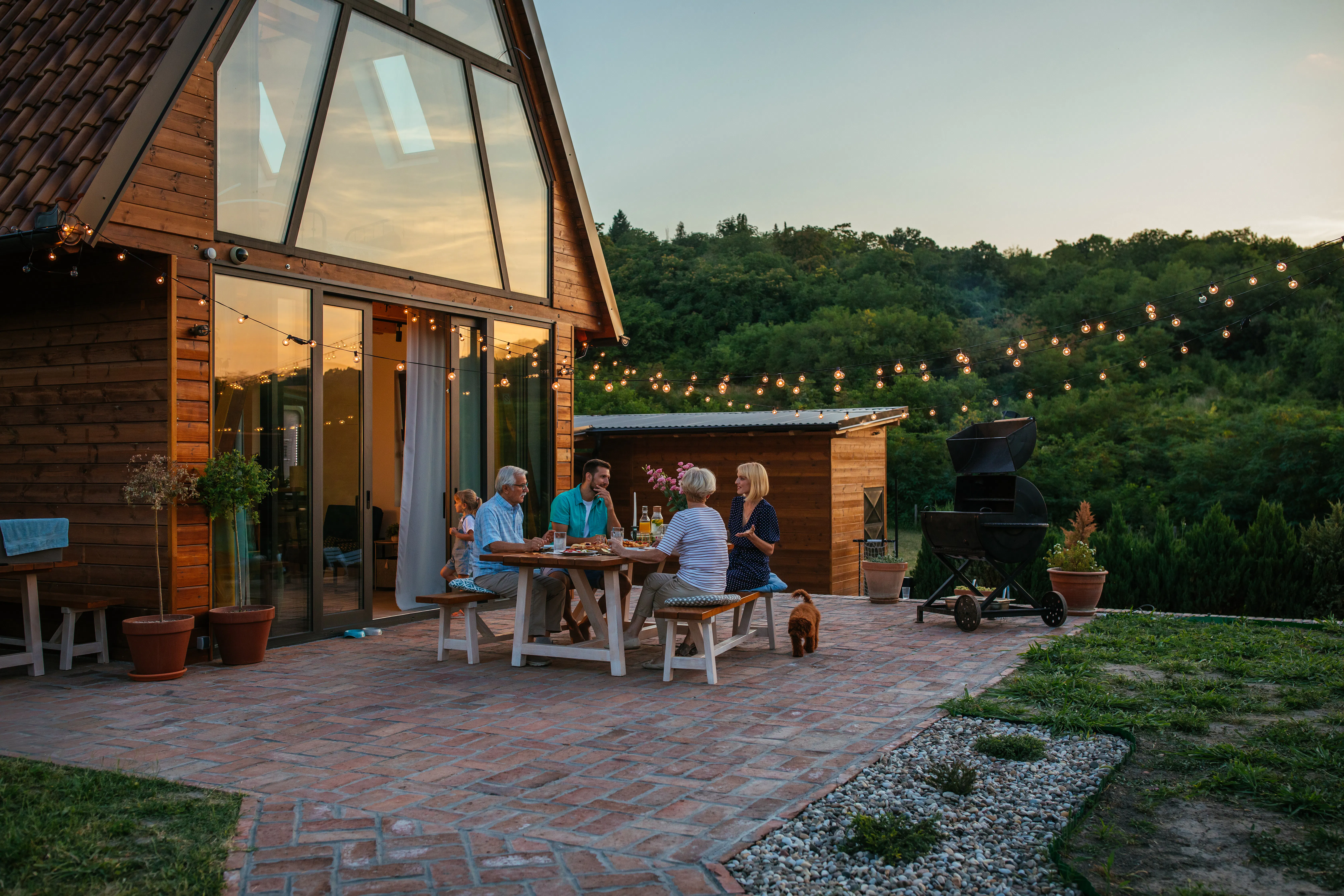Family eating in backyard