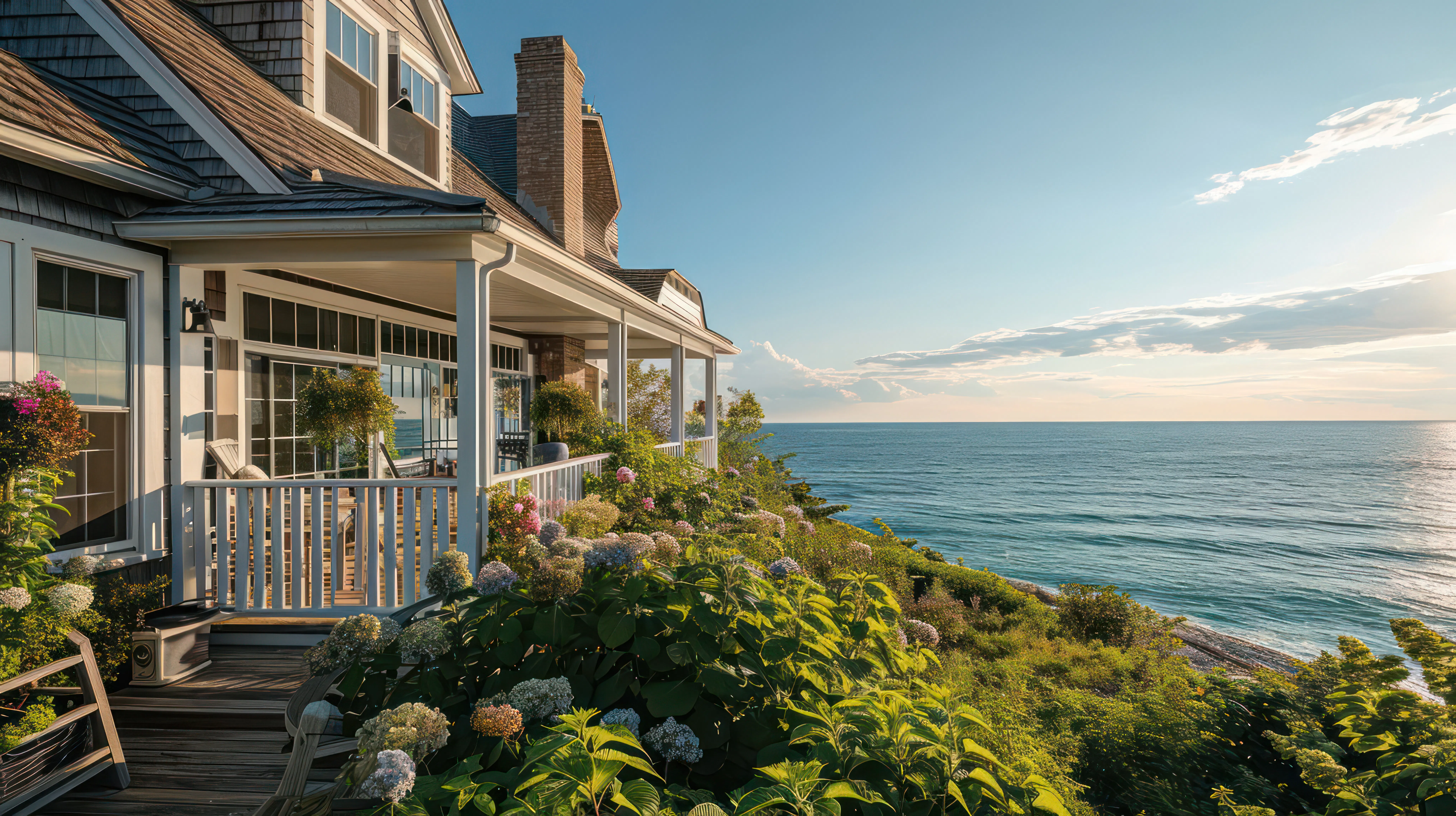 Home with porch overlooking the ocean