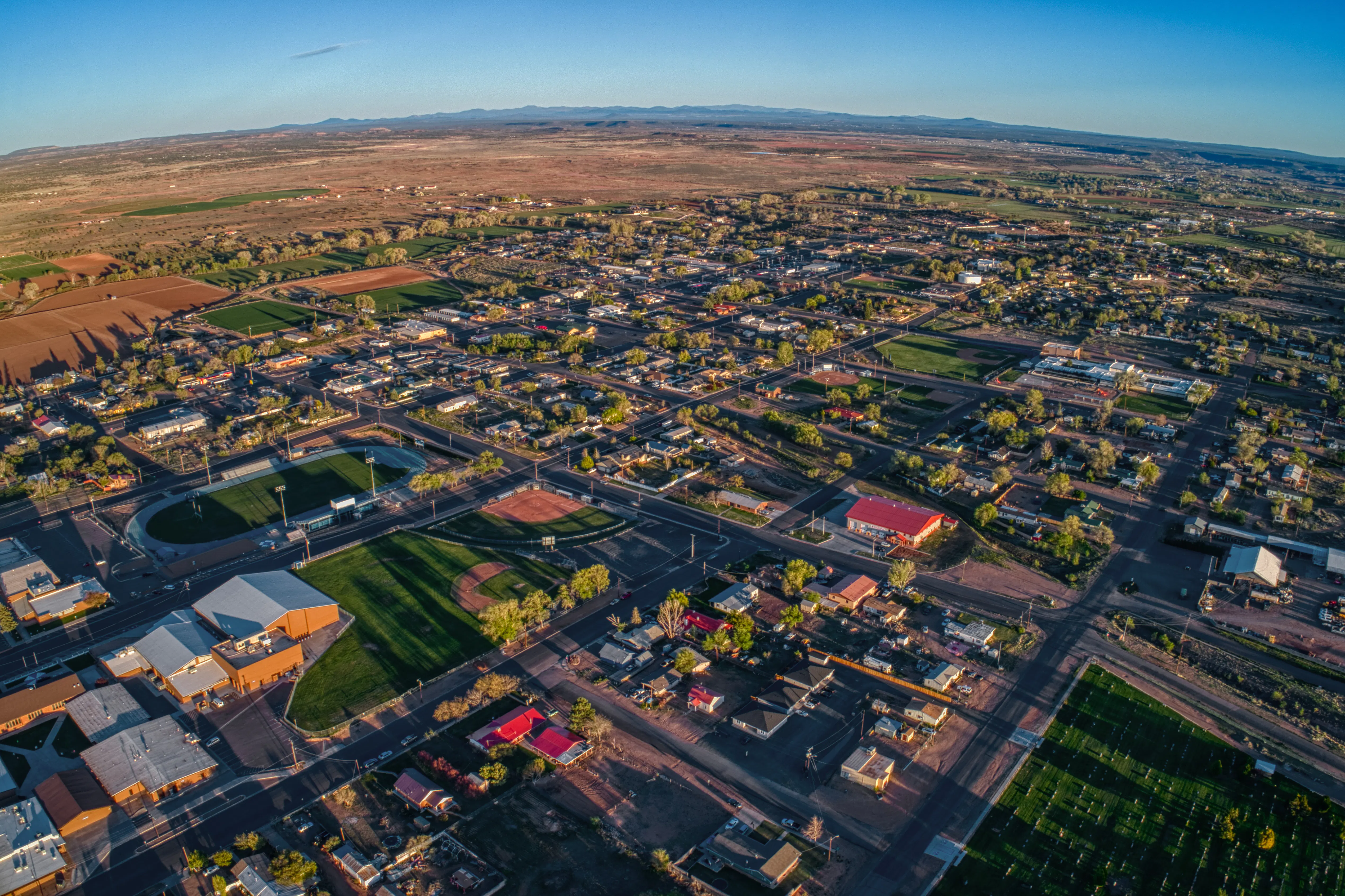 Aerial shot of Snowflake Arizona outside of Petrified Forest National Park