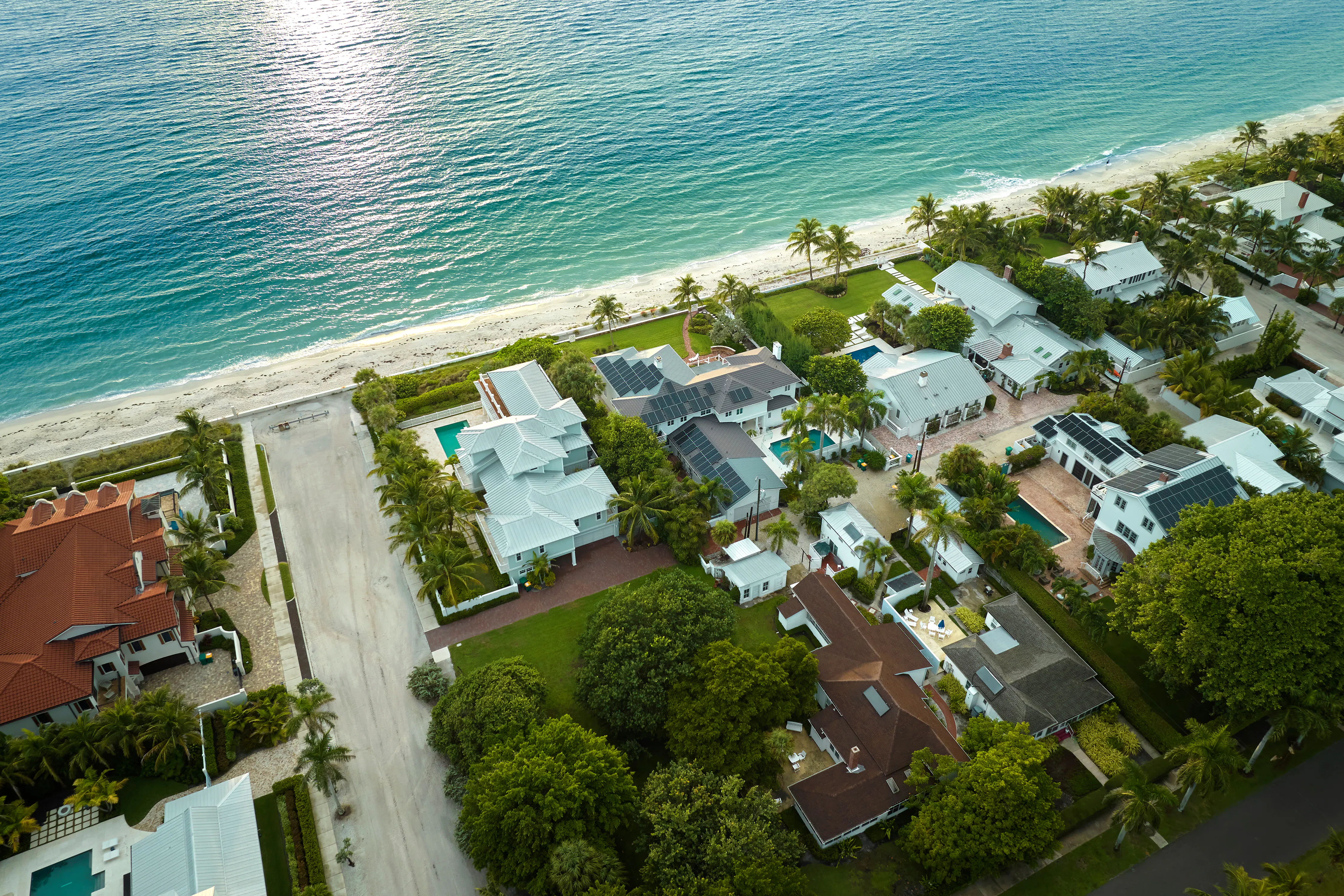 Aerial shot of coastal vacation homes